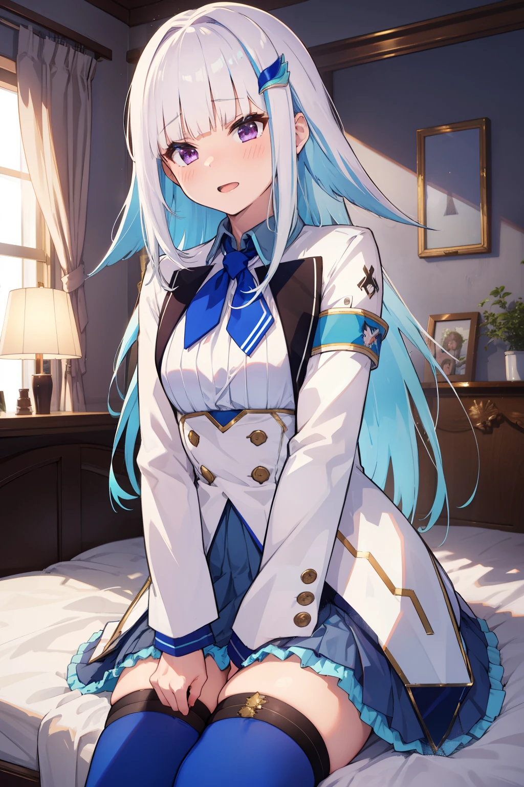 Boy has sex with girl in missionary position,Masterpiece, best quality , high resolution, lh1, hair ornament, thighhighs, long hair, long sleeve , pleated skirt, blue thigh , bracelet , ruffle skirt , white jacket , white shirt, BLUE SKIRT, thigh strap , abdomen, cowboy shooting, bed,Sitting, ahe face