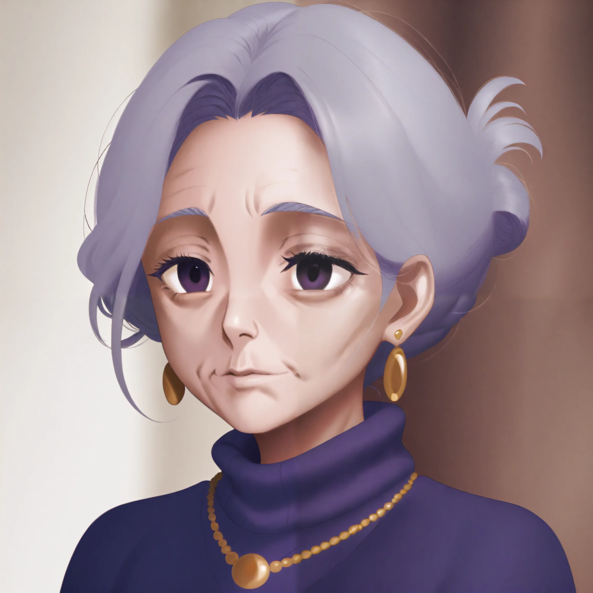 In the case of the RPG portrait , The background is black . elderly woman with gray hair and dark eyes , Put the hair in a round shape and bundle it, purple neck polar sweater, gold necklace , gold earrings