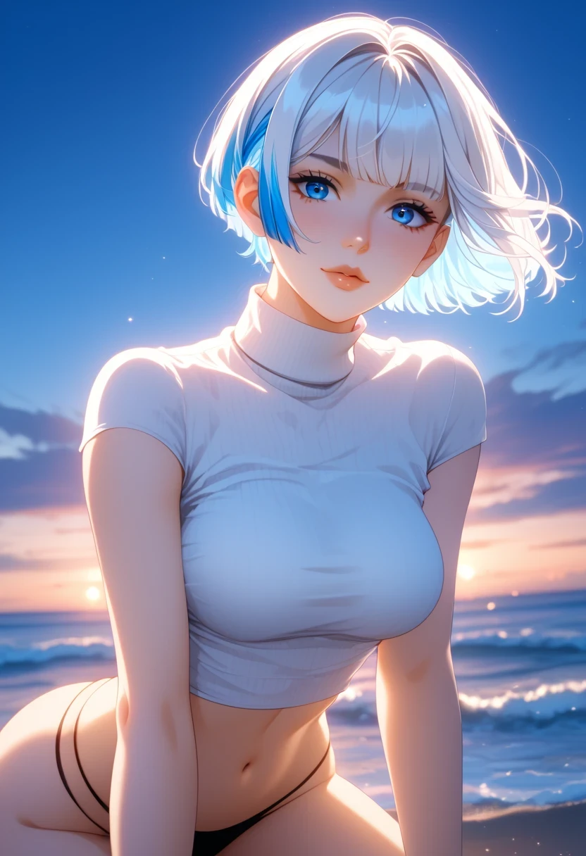 ((Thick white hair))、(blue inner hair), best quality 、 Masterpiece、( professional lighting without shadows )、 surreal, (Nipples:0.4), fascinating、 figure like a slender supermodel 、 one girl , ( lean forward to the camera to show off her butt ), (slightly larger breasts, midriff peek ), ( flat , white skin without wrinkles or unevenness ), (明るい and beautiful blue eyes , (( Wave Hair, Shortcut, Layered Cut )), (thong ,((black tight cropped turtleneck))) , ( beautiful face squinting in bright light ),