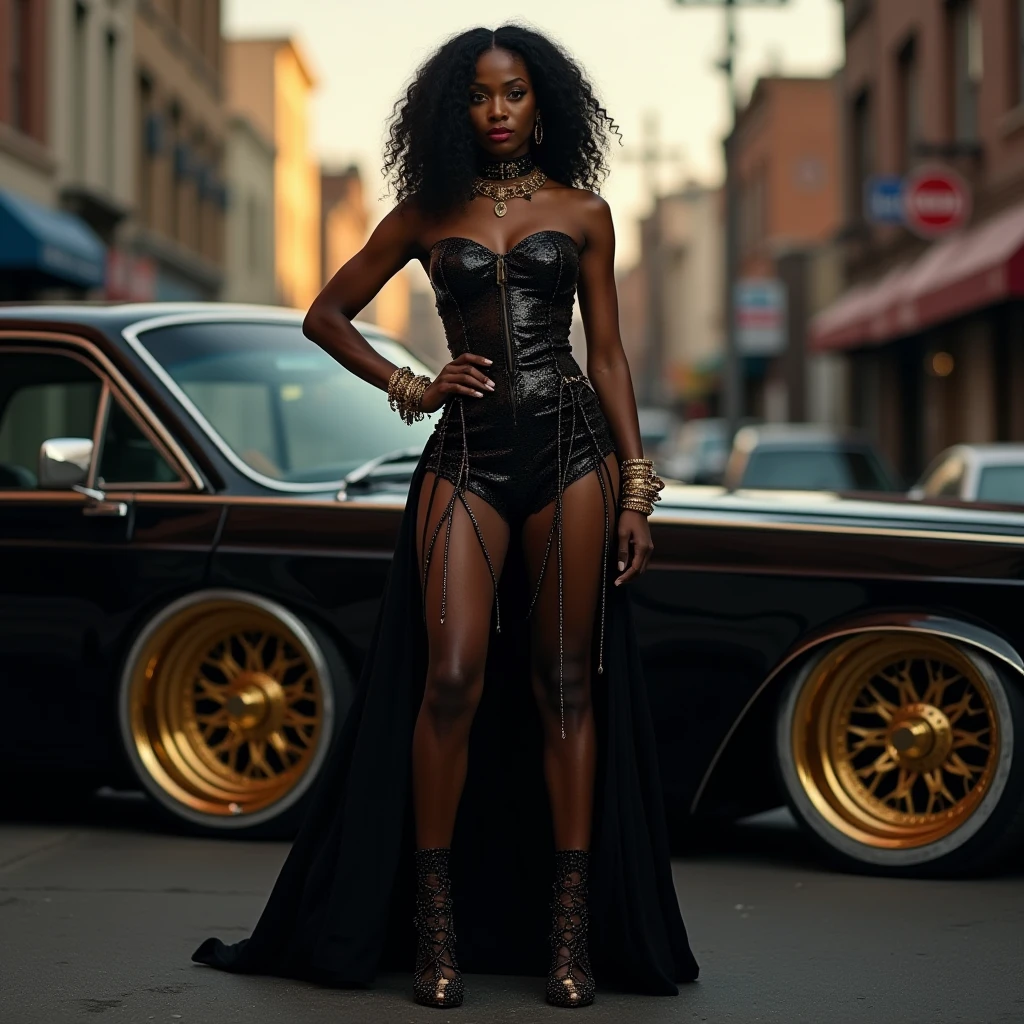((21-year-old))), black girl, (((light skin))), (((full body pose))),  (((long curly black hair))), (((wearing see through sheer dress, pantyhose, and heels))), (((submissive girl))), (((metal choker))), (((post apocalyptic scene, fire, death))), dark fantasy, (((thigh gap with cameltoe))), Rich, Deep Colours, (intricate details:0.9), (HDR, hyper-detailing:1.2), (natural skin textures, hyper realisitc, glistening skin, soft light, Sharp),