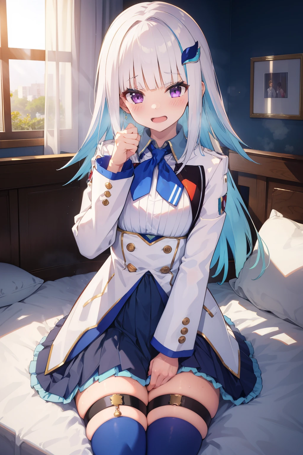 Boy has sex with girl in missionary position,Masterpiece, best quality , high resolution, lh1, hair ornament, thighhighs, long hair, long sleeve , pleated skirt, blue thigh , bracelet , ruffle skirt , white jacket , white shirt, BLUE SKIRT, thigh strap , abdomen, cowboy shooting, bed,Sitting, ahe face, blush, 's face