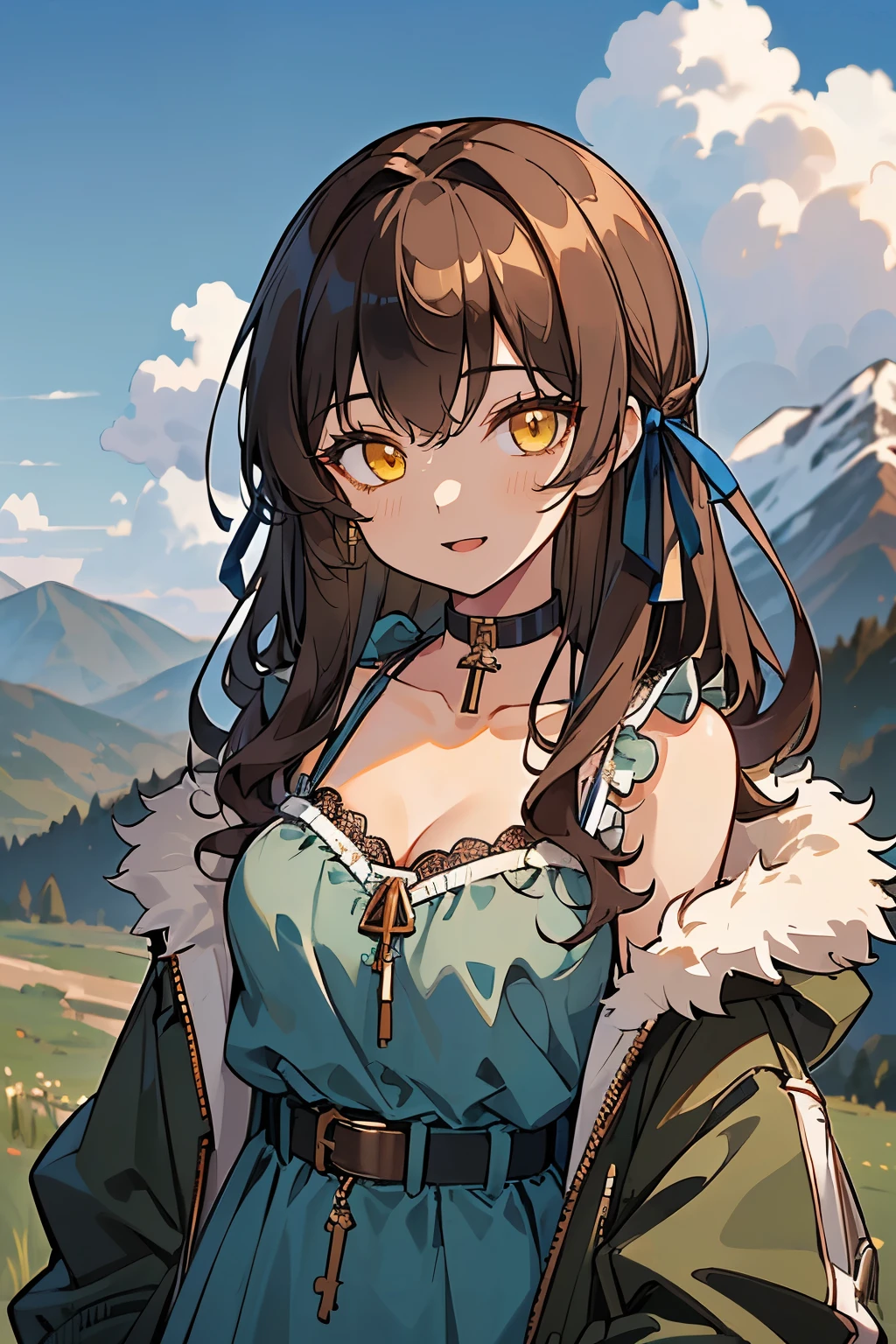 (masterpiece:1.2), (high quality:1.2), girls with((1girl, solo, brown hair, brown eyes, (wavy long hair, hairribbon:1.3), breasts, choker, cleavage, coat, cowboy shot, camisole, lace blue dress, black pants, black belt, collar, collarbone, rosary, rosary choker, cross, fur, khaki hoodie, green hoodie, hood down, hooded coat, hooded jacket, hoodie, jacket, long sleeves, medium breasts, open clothes, open coat,open hoodie, sleeveless, winter clothes, zipper, cleavage, upper body)), background with((architecture, blue sky, bush, castle, village, no humans, cloud, cloudy sky, day, field, garden, grass, hill, house, lamppost, landscape, mountain, mountainous horizon, nature, no humans, outdoors, scenery, shrine, sky))