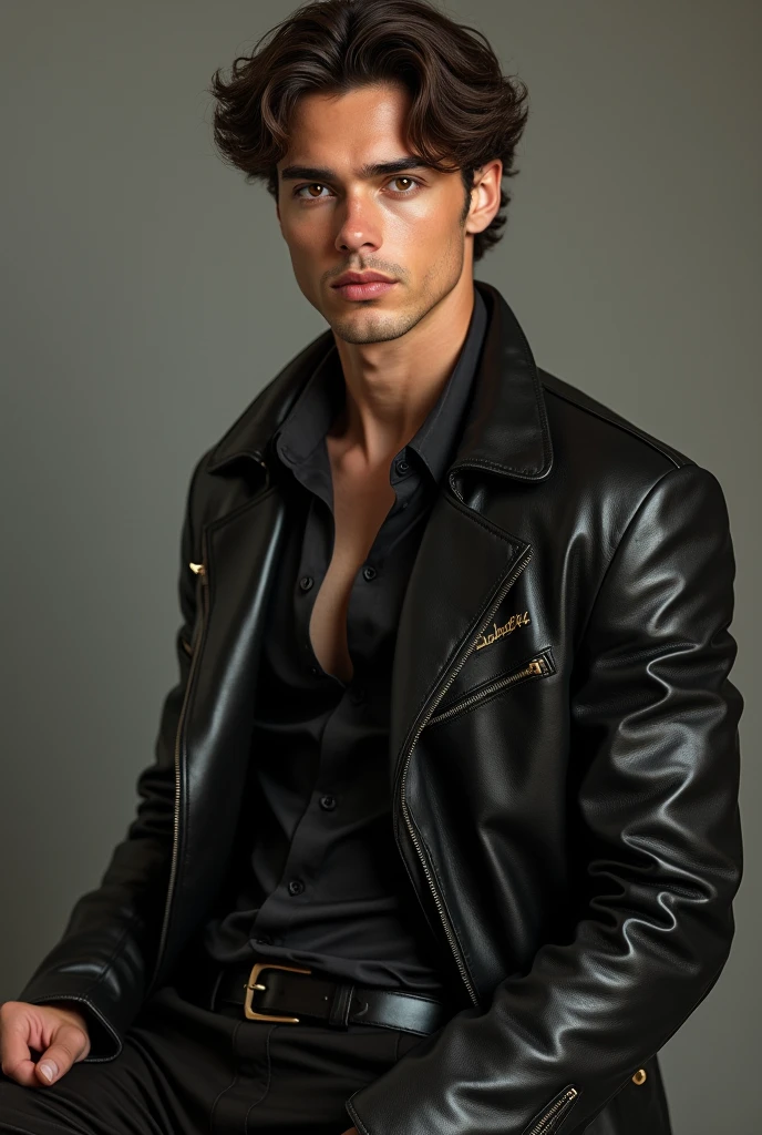 handosome male, holding cigarette, alone, chill expression, black leather jacket, metal hand sign