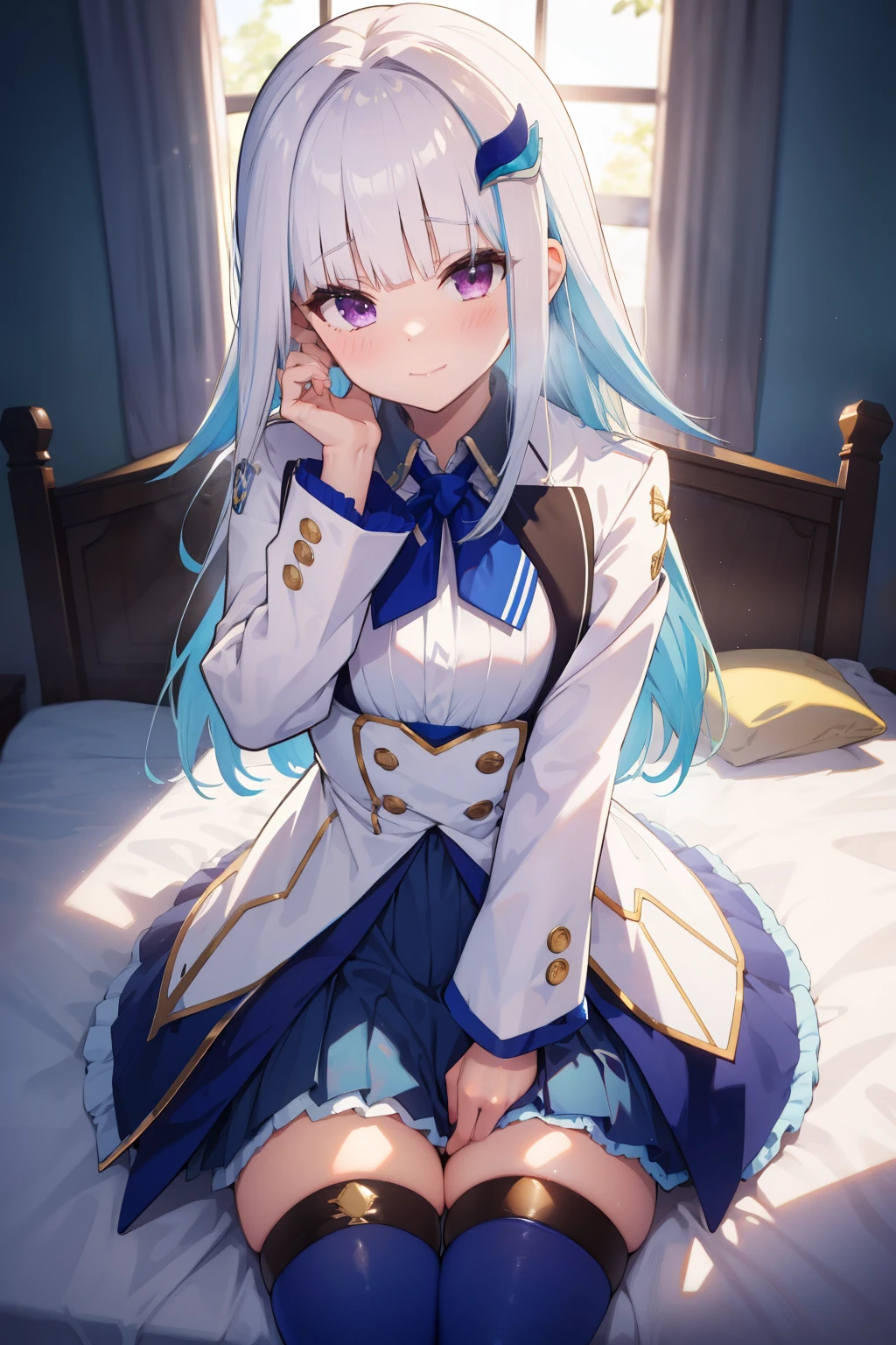 Boy has sex with girl in missionary position,Masterpiece, best quality , high resolution, lh1, hair ornament, thighhighs, long hair, long sleeve , pleated skirt, blue thigh , bracelet , ruffle skirt , white jacket , white shirt, BLUE SKIRT, thigh strap , abdomen, cowboy shooting, bed,Sitting, ahe face, blush, put your hand on your cheek