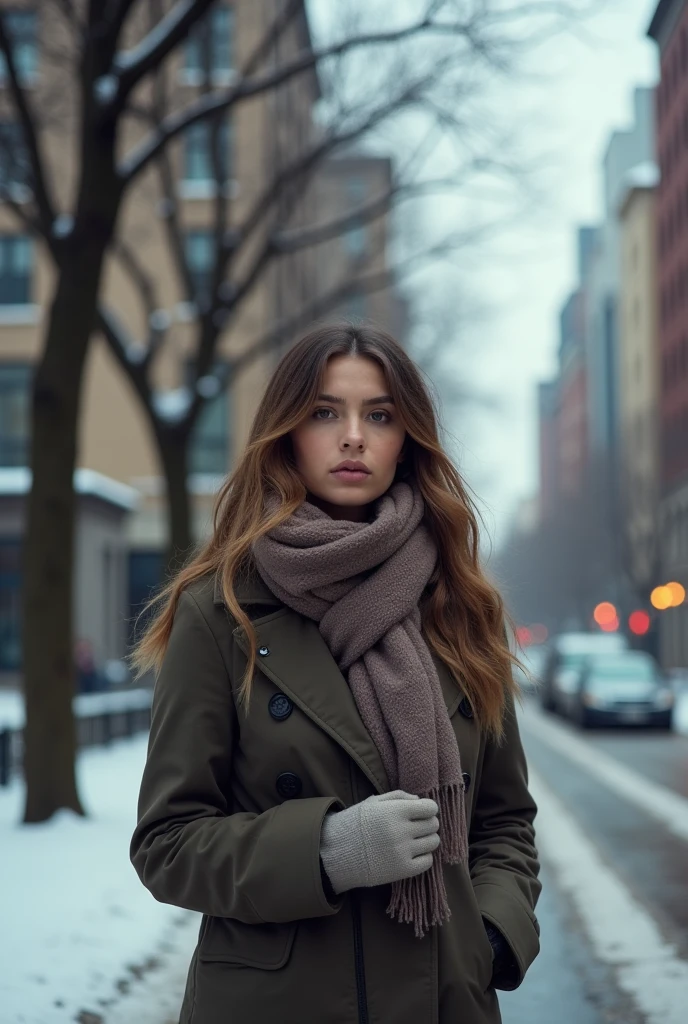 Professional portrait photo of gorgeous Norwegian girl in winter clothes with long wavy blonde hair, sultry flirty look, gorgeous symmetrical face, cute natural makeup, Wearing elegant and warm winter fashion clothes, ((Stand outside on the snow-covered city streets)), Stunning modern urban environment, A hyper-realistic, Concept art, Elegant, Highly detailed, Convoluted, Sharp Focus, depth of fields, F/1. 8, 85 mm, medium shot, mid-shot, (((professionally color graded))), bright soft diffuse light, (Volumetric fog), trending on instagram, HDR 4K, 8K