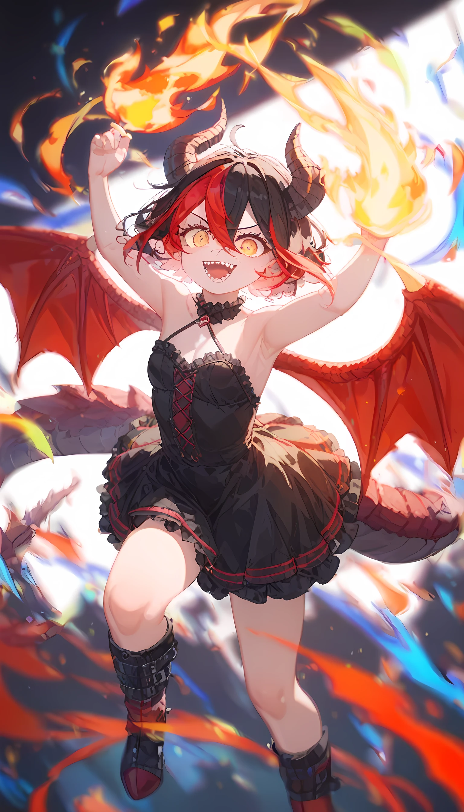 Dragon girl Hybrid. Cute. Red wings. Black horns. 10 year old girl. Red hair long. Solo. Human face. Clawed hands. Revealing two piece outfit. Full body. SOLO. Red wings. 10 years old