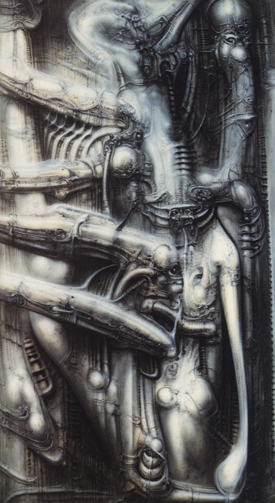 g1g3r, xGiger, The image is a detailed view of H.R. Giger's \" biomechanical landscape no 312\" plate, featuring a complex network of bones and organs in a purple-brown hue ,swirling gray and brown colors. group of alien corpses positioned in the foreground. Emaciated and skeletal, with hollow eyes, they appear to be constructed from bone and metallic elements, a characteristic fusion of organic and mechanical forms found in Giger's biomechanical art. of fossilized beings of ivorish with multiple arms and legs, resembling a group of octopi. The image depicts a complex, intricate, and detailed design that appears to be a fusion of organic and mechanical elements, with a focus on the interplay between the two.
