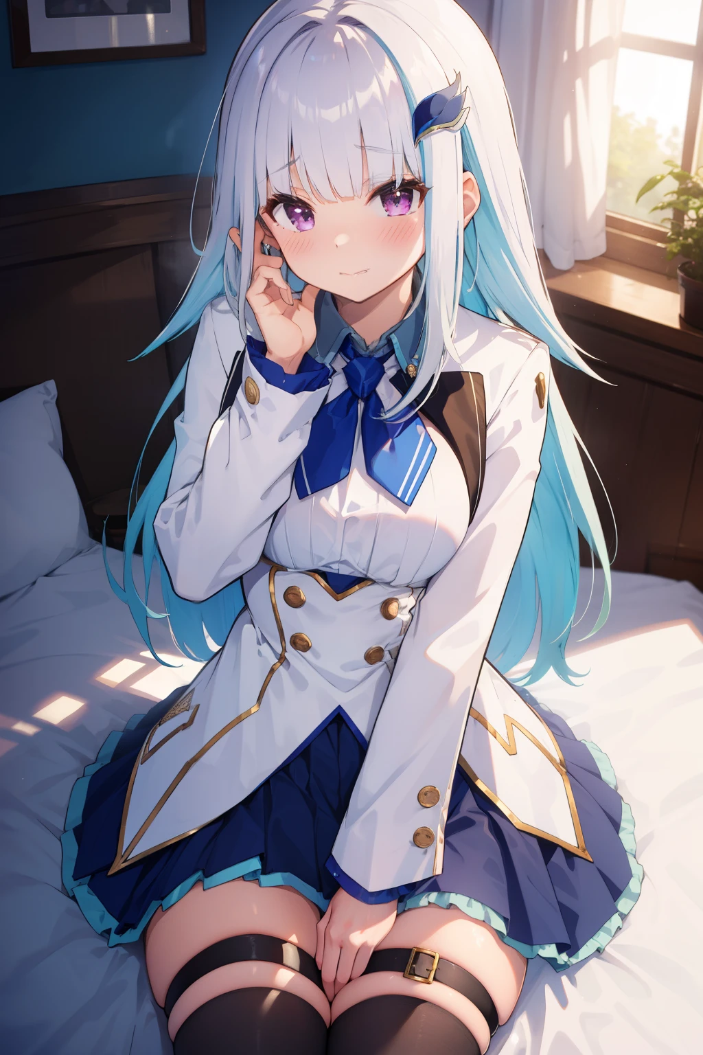 Boy has sex with girl in missionary position,Masterpiece,  best quality ,  high resolution, lh1,  hair ornament, thighhighs,  long hair,  long sleeve ,  pleated skirt, blue thigh ,  bracelet ,  ruffle skirt ,  white jacket ,  white shirt,  BLUE SKIRT,  thigh strap , abdomen,  cowboy shooting, bed,Sitting,  ahe face, blush,  put your hand on your cheek,  round and round