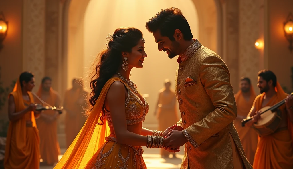 Verse 1 (Mood: Romantic Playfulness):
The lead female dancer enters, wearing a stunning golden lehenga with sparkling jewelry. Her expressions are playful yet elegant.
She teases the male lead, who is dressed in a royal sherwani. He watches her with a charming smile, trying to match her energy.
Quick cuts show the musicians playing traditional instruments like the sitar, tabla, and bansuri.