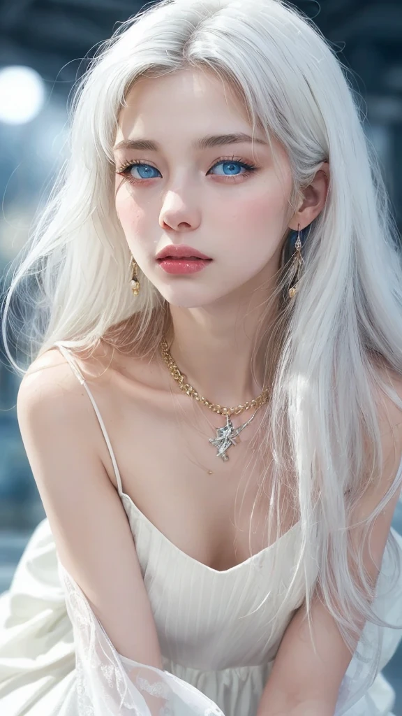 sensual, sexy, sem roupaobra de arte, Mais alta qualidade, (Sozinho focus), (rosto perfeito:1.1), (alto detalhe:1.1), (olhos hiper detalhados), dramatic, A guy with pale skin and long voluminous white hair, olhos brancos, Sozinho, Cabelo longo, Sephiroth, Lua, noite, terno de luxo branco, umbigo coberto, pouty lips, pelagem, arrogant expression, Jardim de rosas, fundo detalhado, arte por artgerm, cinematic lighting, rosas, moda, BalenciagaStyle