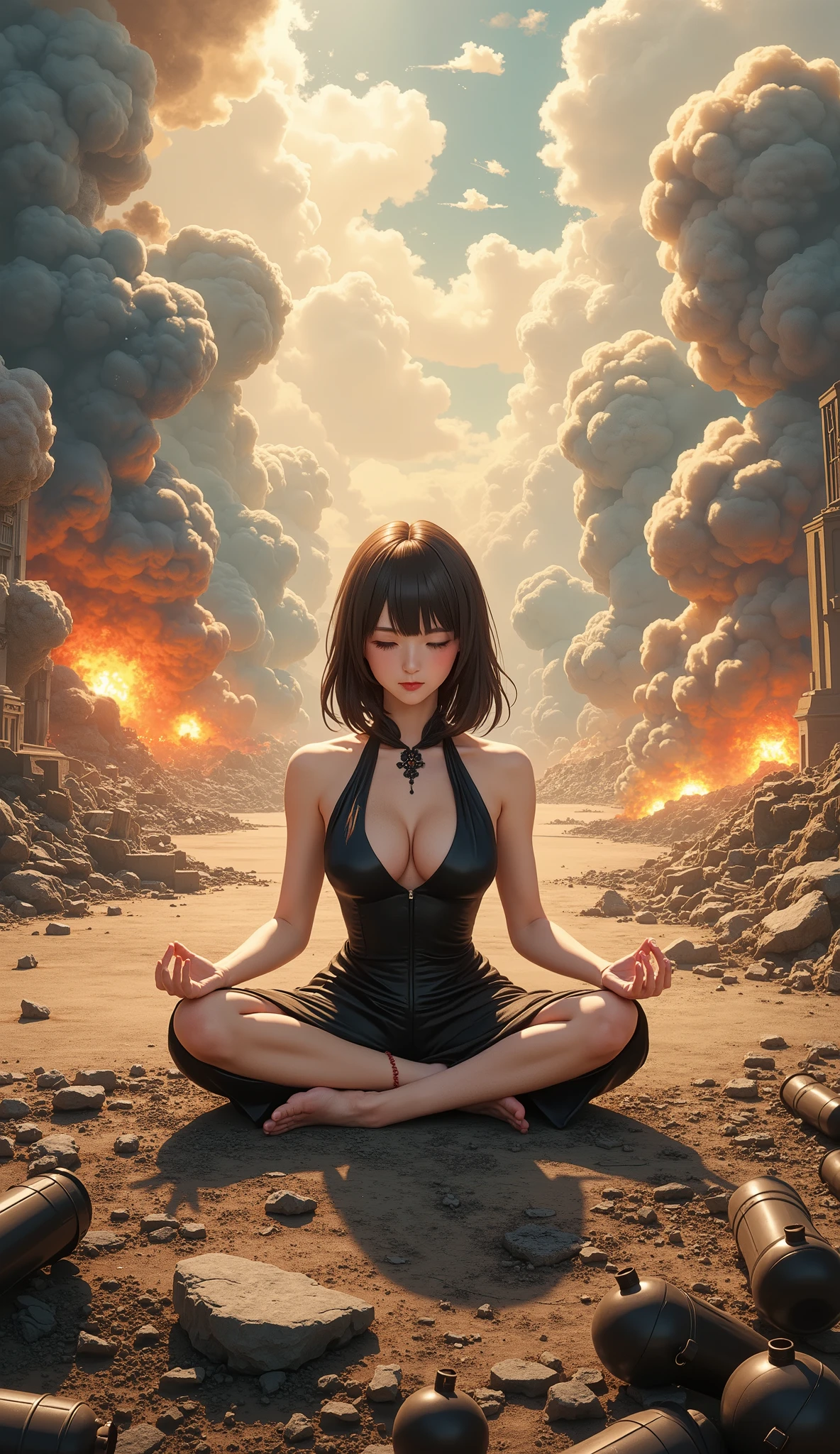 Abstract Painting, fantasy art , Yoshitaka Amano's painting style, ((Calm Madness)), (( beautiful girl meditating in zazen meditation with her eyes closed on a battlefield where fierce battles are being fought)), explosion, Flaming, blast, Bombs are mixed up ,