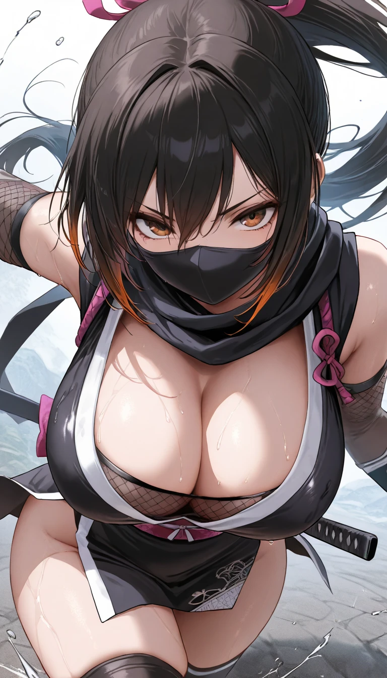 ((((Masterpiece)))), (((( Top Quality)))), high definition ,fine grain, detailed color , black mask wet,Ninja, dress, action, bounce otherwise