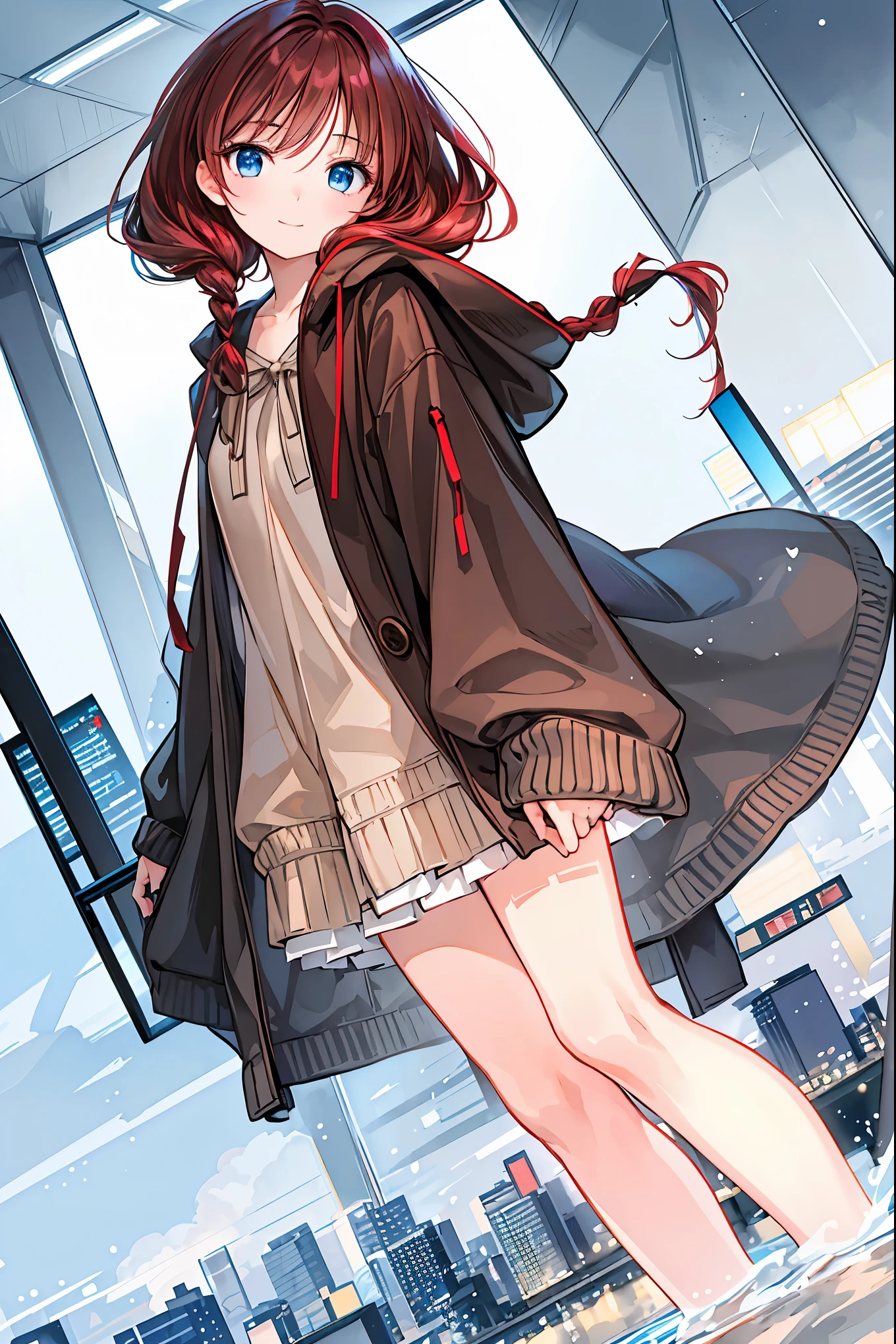 Winter clothes、Red coat、Bare legs、( Top Quality ,Masterpiece:1.3, Ultra-Fine ),( tall Highly detailed , caustics,8k),( realistic :1.4,RAW shooting),18 years old, Japanese , is cute , staring at the camera and smiling ,( focus on face :1.2),( face close-up :1.2),(Low position:1.3),( low angle:1.4), tea hair, shortcuts, slender beauty , messy hair, cityscape , tea hair, shortcuts, tousled hair , short braided hair,Neat, Slender and beautiful woman ,Correct posture, small breasts, Beautiful Legs, A gentle and beautiful woman, written directly from the edge of her deep clothes, her seductive gray-blue eyes shine like stars ,Droopy eyes, bright color , beautiful eyes,A delicate smile, textured skin, BEST QUALITY BEST , A humorous parody of a gentle and beautiful woman , anime style、