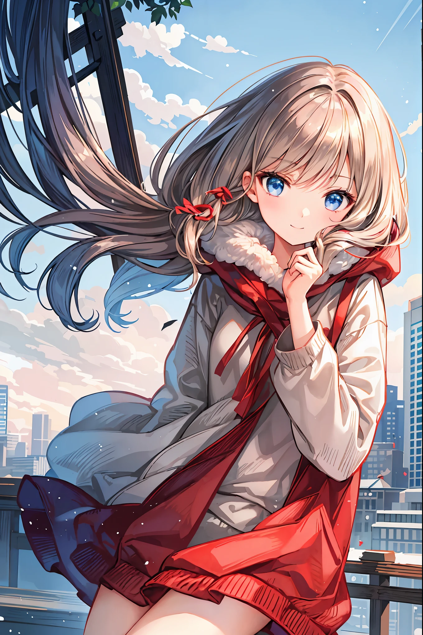 Winter clothes、Red coat、Bare legs、( Top Quality ,Masterpiece:1.3, Ultra-Fine ),( tall Highly detailed , caustics,8k),( realistic :1.4,RAW shooting),18 years old, Japanese , is cute , staring at the camera and smiling ,( focus on face :1.2),( face close-up :1.2),(Low position:1.3),( low angle:1.4), tea hair, shortcuts, slender beauty , messy hair, cityscape , tea hair, shortcuts, tousled hair , short braided hair,Neat, Slender and beautiful woman ,Correct posture, small breasts, Beautiful Legs, A gentle and beautiful woman, written directly from the edge of her deep clothes, her seductive gray-blue eyes shine like stars ,Droopy eyes, bright color , beautiful eyes,A delicate smile, textured skin, BEST QUALITY BEST , A humorous parody of a gentle and beautiful woman , anime style、