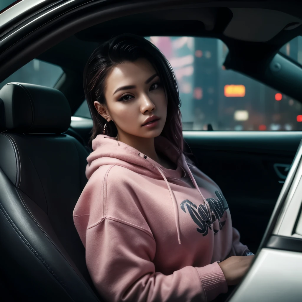 high angle shot of a stunning young woman in cyberpunk style,  realistic skin texture , look up,pink sweatshirt,posing in a car, 1 /  2 body cuts , 8 art lens,5 mm, F 1. 2, sharp focus, 8k high definition,  insanely detailed , intricate, elegant, Art by Stanley Lau and Cyberpunk