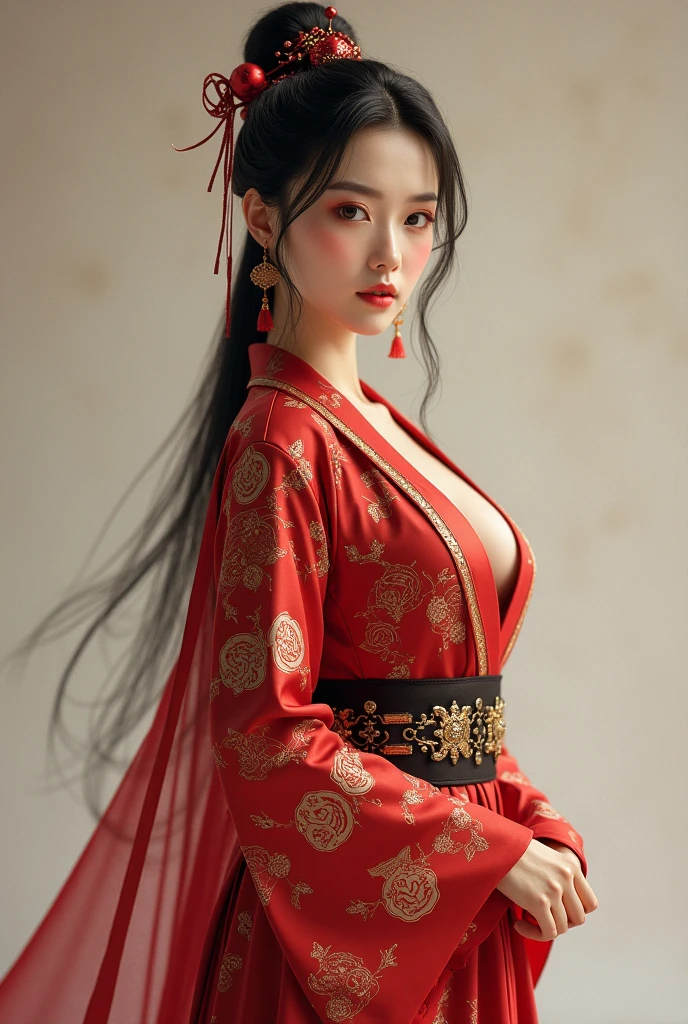 A traditional Chinese courtesan from ancient times. She's beautifully dressed in an exquisite hanfu, with numerous intricate hair ornaments adorning her elaborately styled dark hair. Her face is perfectly round, with delicate features and heavy makeup highlighting her eyes and lips. standing gracefully in a room adorned with classical Chinese art and furniture. (underboob cutout:1.5,partially_undressed:1.5)