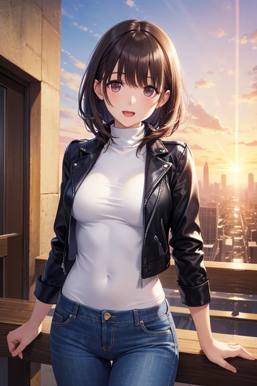 1girl, breasts, solo, smile, eyepatch, cleavage, shorts, short hair, hair ornament, looking at viewer, belt, large breasts, jacket, black shorts, black jacket, long sleeves, white hair, earrings, bangs, shirt, x hair ornament, blue eyes, short shorts, jewelry, cowboy shot, leather, grin, white shirt, detached collar, ribbon, neck ribbon, parted lips, blush, standing, brown belt, collared shirt, building, red ribbon, arms at sides, hairclip, outdoors, thighs, open clothes, navel, blunt bangs, wing collar, open jacket, city, partially unbuttoned, castle, day, leather jacket, teeth, dress shirt, grey hair, one eye covered, buckle, shiny, sky, grey eyes, midriff, ear piercing, belt buckle, leather belt, cityscape, piercing, buttons, collar, bob cut, medium breasts, midriff peek, cloud, tower, shiny clothes, sidelocks, shadow, medium hair, lips, unbuttoned, railing, hair intakes, open mouth, collarbone, blue sky, black belt, skyline, zipper, shiny hair, indoors, cropped jacket, bow, hair over one eye, shiny skin, window, cuffs, no bra, wrist cuffs, latex, skyscraper, arm at side, chain, center opening, skirt, open shirt, thighhighs, cloudy sky, :d, nail polish, hair behind ear, white collar, micro shorts, mole, blazer, partially unzipped, blurry, architecture, blurry background, town, clock tower, black thighhighs, virtual youtuber, hairpin, arch, sunlight, fingernails, zipper pull tab, corset, balcony, sleeve cuffs, stud earrings, red bow, leather pants, pink lips, bowtie, necktie