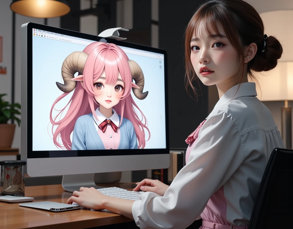 ultra-realistic, photorealistic, dramatic scene, shadow, global-illumination, 1 woman\(young Japanese beautiful woman, very beautiful fragile Japanese girl, very beautiful with very cute but boyish cool face, very large breasts, slim waist, wearing a office worker's elegant uniform, looking at viewers and showing peace sign\), the large computer display is displaying an 2D animated sheep girl\(cute chibi anime, chibi, 2D animated cute sheep girl, chibi-anime-girl, long pink fluffy hair, sheep girl, dark beige round horns, thick eyebrows, smile, pink dress, sky blue cardigan, sitting in the busy office room\), in the stylish office room, the woman is having a web conference with the 2D animated chibi-sheep-girl