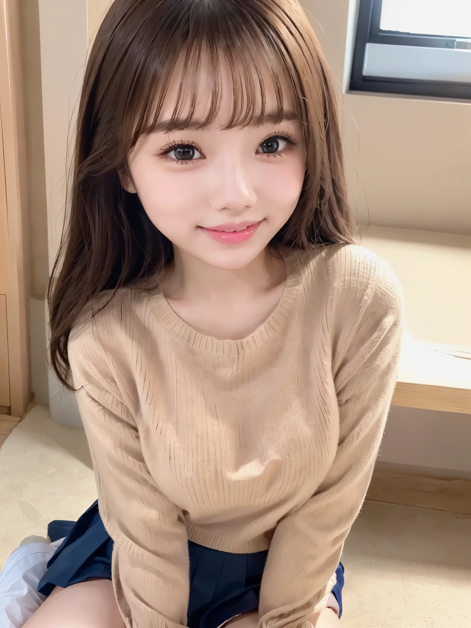 (masterpiece, more details, Mejor calidad, Clear focus, super high definition, 8k, perfect anatomy, perfect face, ( detailed), (detallado ojo ), an アニメ風 young woman with a confident and playful expression. Her hair is beautiful、 she has impressive big eyes, Slightly blushed cheeks , And a bright smile、In a concrete room 、 school uniform, I'm wearing a tight brown knitted sweater. mini skirt
