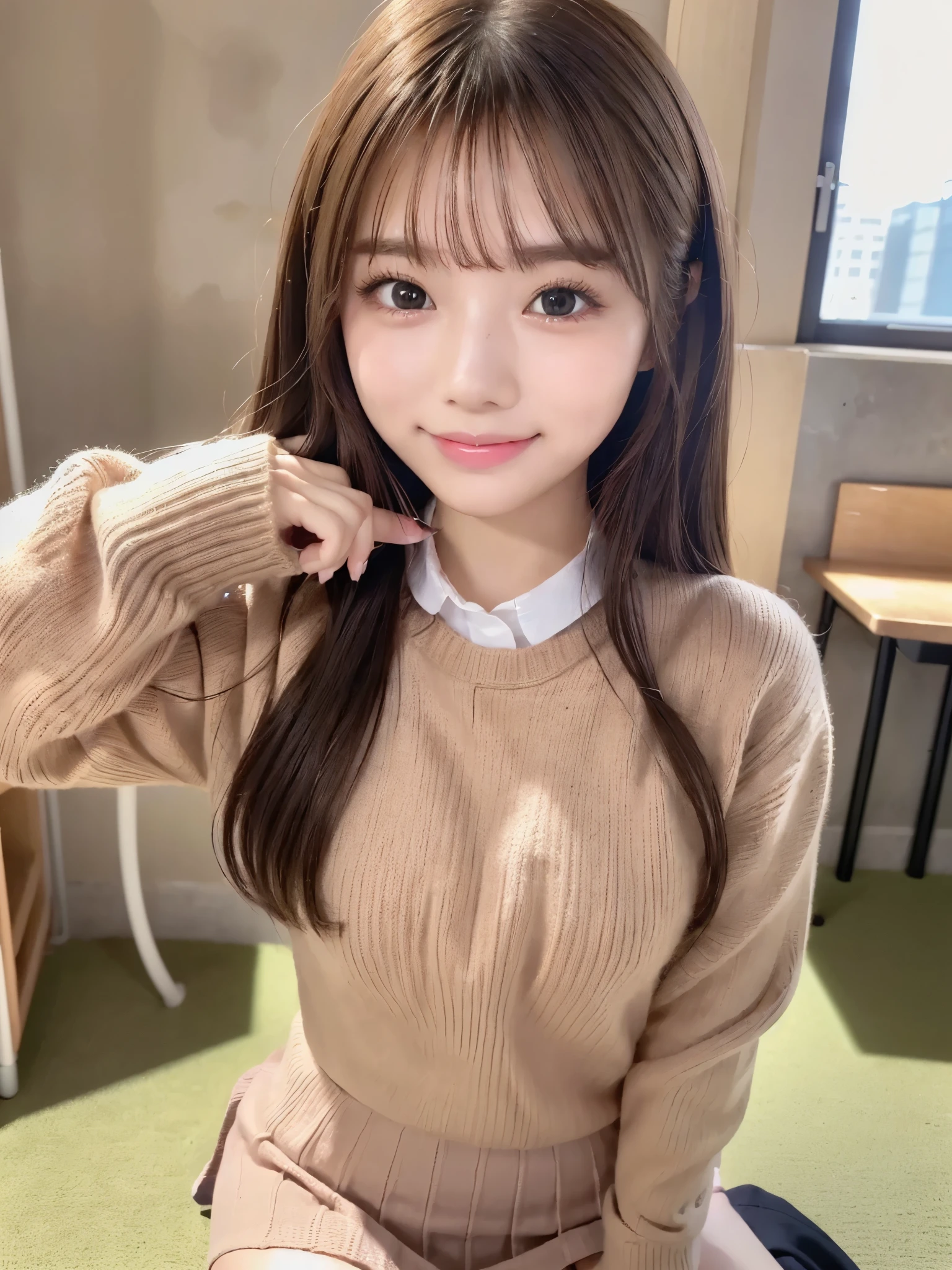 (masterpiece,  more details, Mejor calidad, Clear focus,  super high definition, 8k,  perfect anatomy,  perfect face, ( detailed), (detallado ojo  ), an アニメ風 young woman with a confident and playful expression. Her hair is beautiful、 she has impressive big eyes, Slightly blushed cheeks , And a bright smile、In a concrete room 、 school uniform, I'm wearing a tight brown knitted sweater. mini skirt