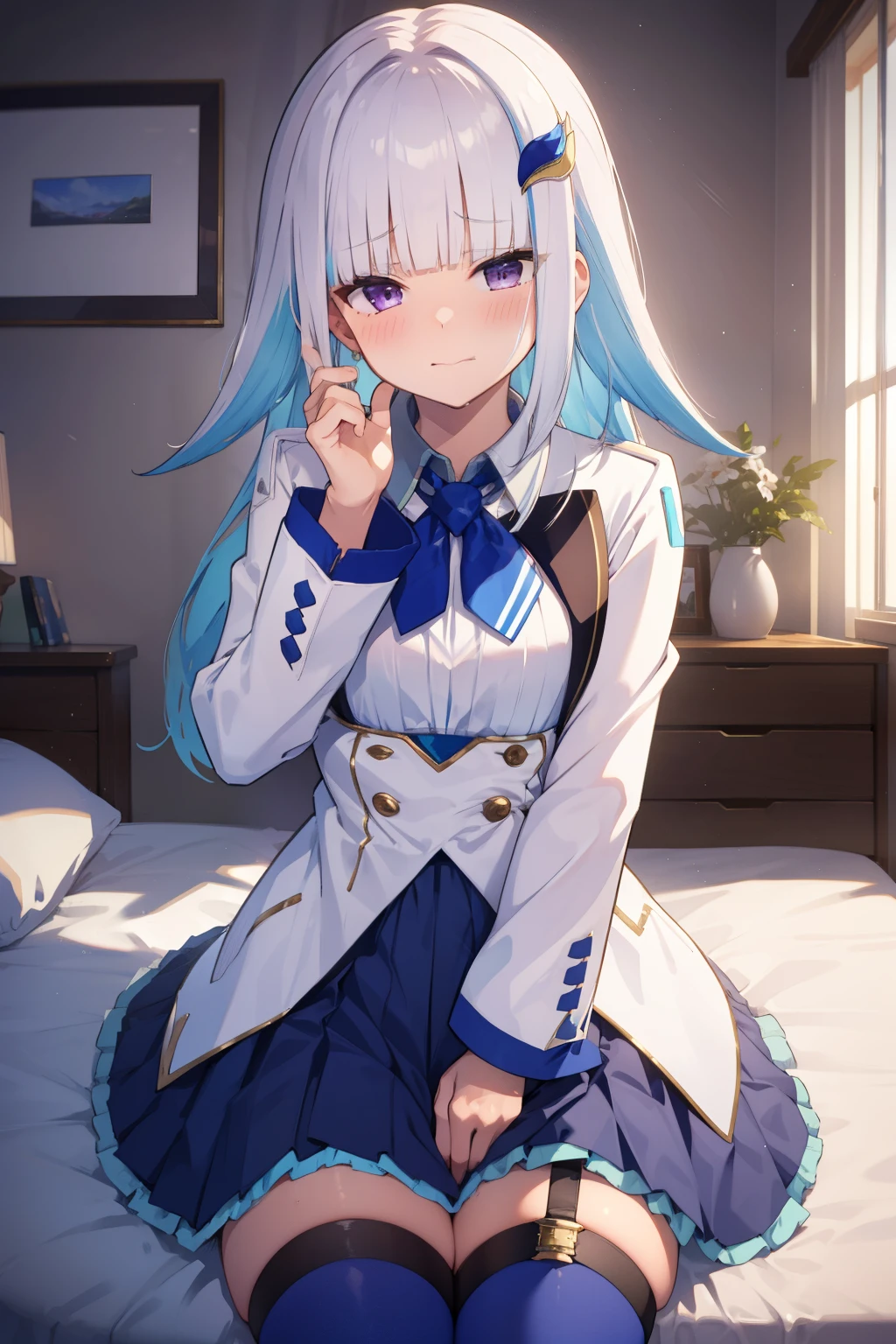 Boy has sex with girl in missionary position,Masterpiece,  best quality ,  high resolution, lh1,  hair ornament, thighhighs,  long hair,  long sleeve ,  pleated skirt, blue thigh ,  bracelet ,  ruffle skirt ,  white jacket ,  white shirt,  BLUE SKIRT,  thigh strap , abdomen,  cowboy shooting, bed,Sitting,  ahe face, blush,  put your hand on your cheek, Rolling eyes