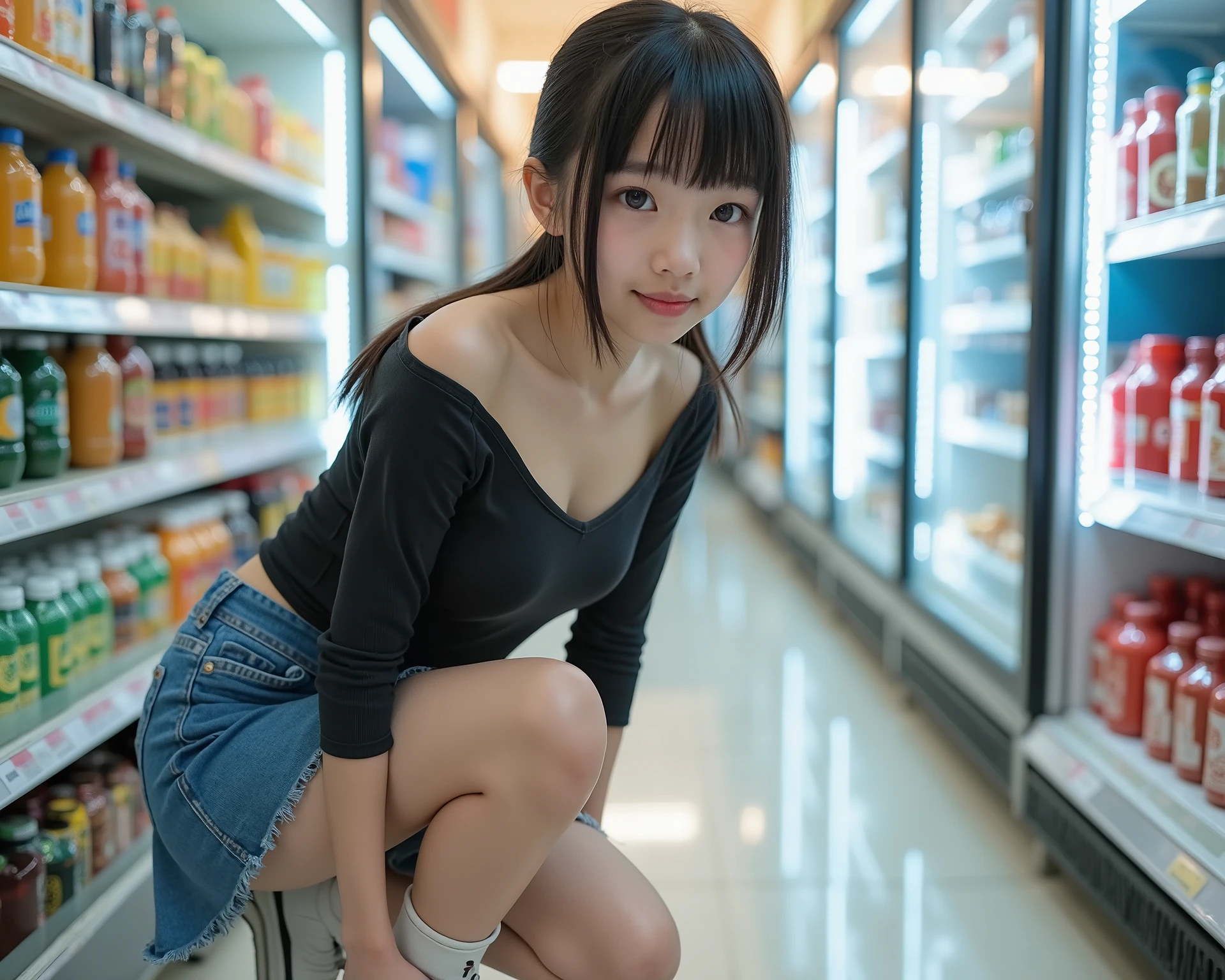 (photo:1.3),portrait photo,Masterpiece, nsfw,8k,photo realistic,full body shot,shooting from knee level,sweet sister,ceiling light,(1 girl, slender body, flat chest, Wide pelvis, Small Ass, short toned limb,off shoulders),( 12yo Janese girl , 148 cm tall,pale skin), (Long Sleeve Tight Teeshirt,deep v-necked,short length T-shirt, Sleeves are black,Body is gray, Blue Denim tight Mini Skirt) ,shopping in convenience store,looking for drink with sitting style,bright lighting,black hair, ((Highlight Hair,Honey Brown Streak Hair)), Straight low Ponytail with Bangs ,(Young Face, cool face, Droopy eyes, hazel eyes, happy smiling ), Converse sneakers, leaning forward, bent over,85mm, Official AR RAW Photos ,(realistic, ultra detail ), best quality,chromatic aberration,anatomically correct , textured skin, shopping basket