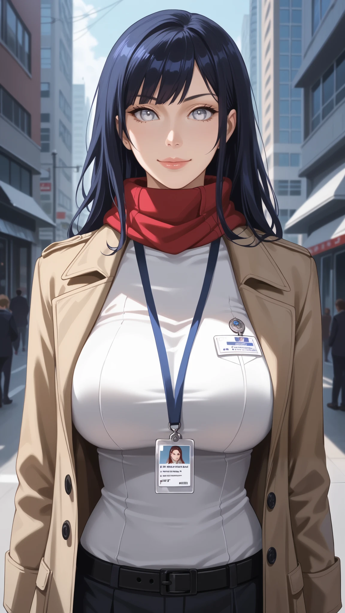 ((masterpiece, highest quality, Highest image quality, High resolution, photorealistic, Raw photo, Extremely detailed CG unified 8k wallpaper)), 1girl, solo, beautiful woman, 40 Years Old, realistic skin texture, shiny skin, office, black thighhighs, garter straps, turtleneck, id card, lanyard, sleeveless, Trench Coat, Red Scarf,
perfect body, natural huge breasts, smug look, upper body, Trench Coat and Scarf, Hinata_Hyūga's,Dark Blue Hair, White Eyes.