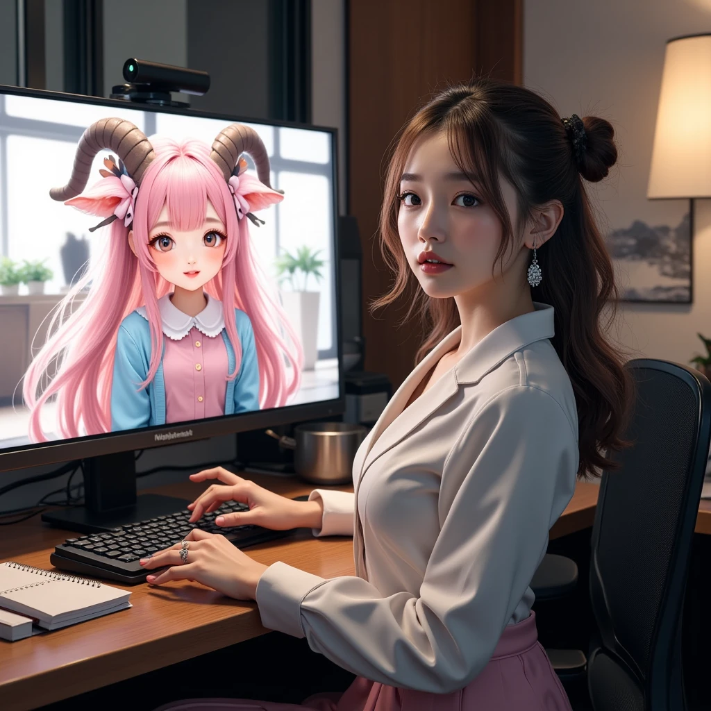 ultra-realistic, photorealistic, dramatic scene, shadow, global-illumination, 1 woman\(young Japanese beautiful woman, very beautiful fragile Japanese girl, very beautiful with very cute but boyish cool face, very ?????????????, slim waist, wearing a dark navy colored office worker's elegant uniform, looking at viewers\), the large computer display is displaying an 2D animated sheep girl\(cute chibi anime, chibi, 2D animated cute sheep girl, chibi-anime-girl, long pink fluffy hair, sheep girl, dark beige round horns, thick eyebrows, smile, pink dress, sky blue cardigan, sitting in the busy office room\), in the stylish office room, the woman is having a web conference with the 2D animated chibi-sheep-girl