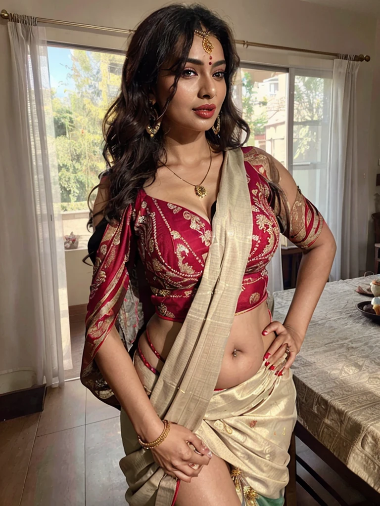 Beautiful curvy lady in gorgeous muslin saree outfit