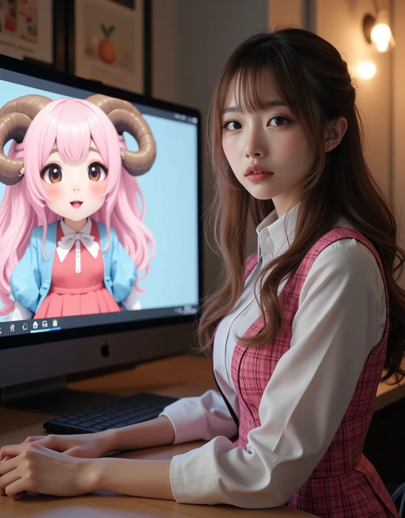 ultra-realistic, photorealistic, dramatic scene, shadow, global-illumination, 1 woman\(young Japanese beautiful woman, very beautiful fragile Japanese girl, very beautiful with very cute but boyish cool face, very large breasts, slim waist, wearing a office worker's elegant uniform, looking at viewers and showing peace sign\), the large computer display is displaying an 2D animated sheep girl\(cute chibi anime, chibi, 2D animated cute sheep girl, chibi-anime-girl, long pink fluffy hair, sheep girl, dark beige round horns, thick eyebrows, smile, pink dress, sky blue cardigan, sitting in the busy office room\), in the stylish office room, the woman is having a web conference with the 2D animated chibi-sheep-girl