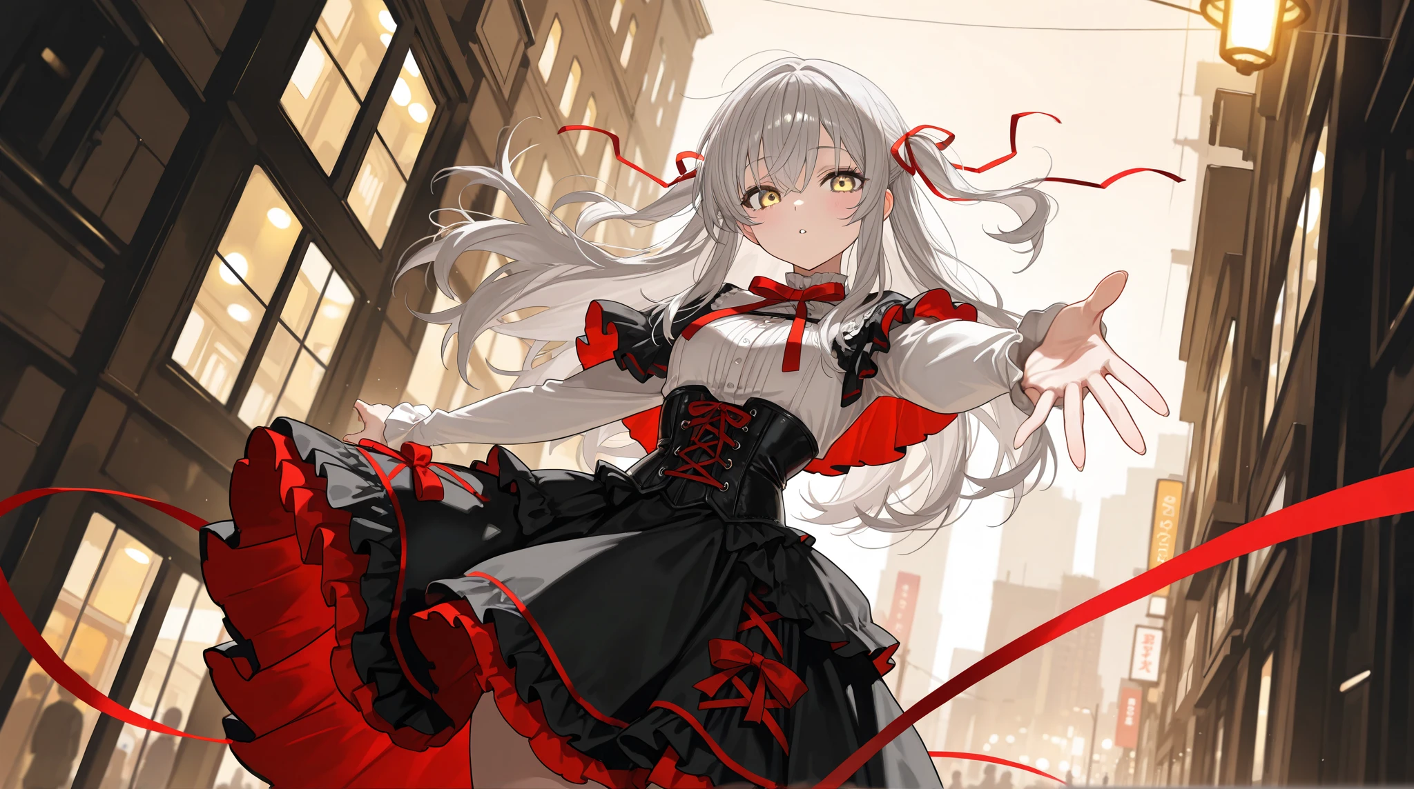 ((Sketch)), ((Watercolor)),((best quality)) ((best quality)), ((masterpiece)), (detailed), HD, Highly Detailed, 4k image, anime style, beautiful young teenage girl, 13 years old, tanned white skin, long waist length hair(pink-red hair)(white highlights), soft facial features, heterochromatic eyes(left eye: silver)(right eye: red), elegant battle-styled sundress, cherry red plump lips, large E-cup breasts, short height(150cm). wide hips and large round ass, silver round-frame glasses