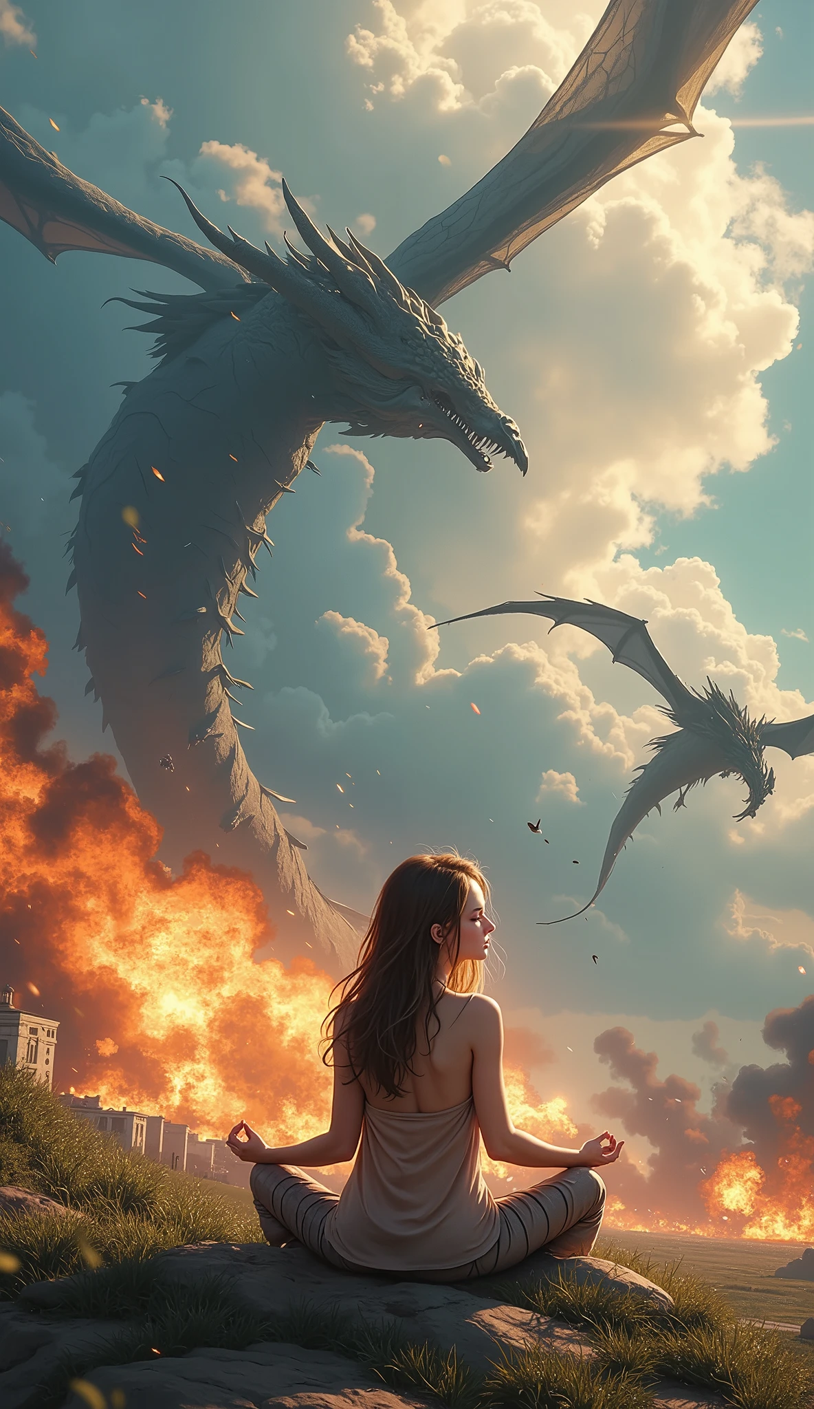 Abstract Painting,   fantasy art , Yoshitaka Amano&#39;s painting style, ((Calm Madness)), (( beautiful girl meditating in zazen meditation with her eyes closed on a battlefield where fierce battles are being fought)), explosion, Flaming, blast, Bombs are exploding , A giant dragon dances in the sky