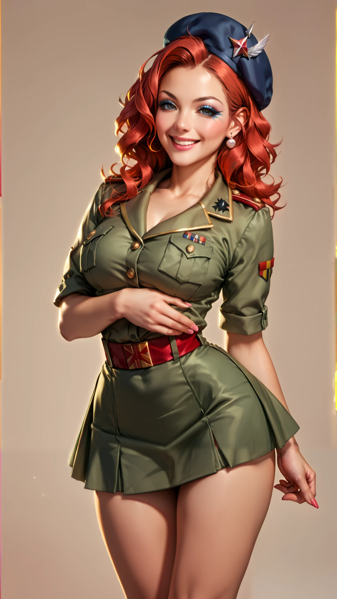  1950's Pin-Up Style、faded screen 、 1950s Style Makeup 、 beautiful French woman、Wavy chestnut hair、smile、french army uniform、Beret、 mini skirt、 open legs、standing、((Best Quality))