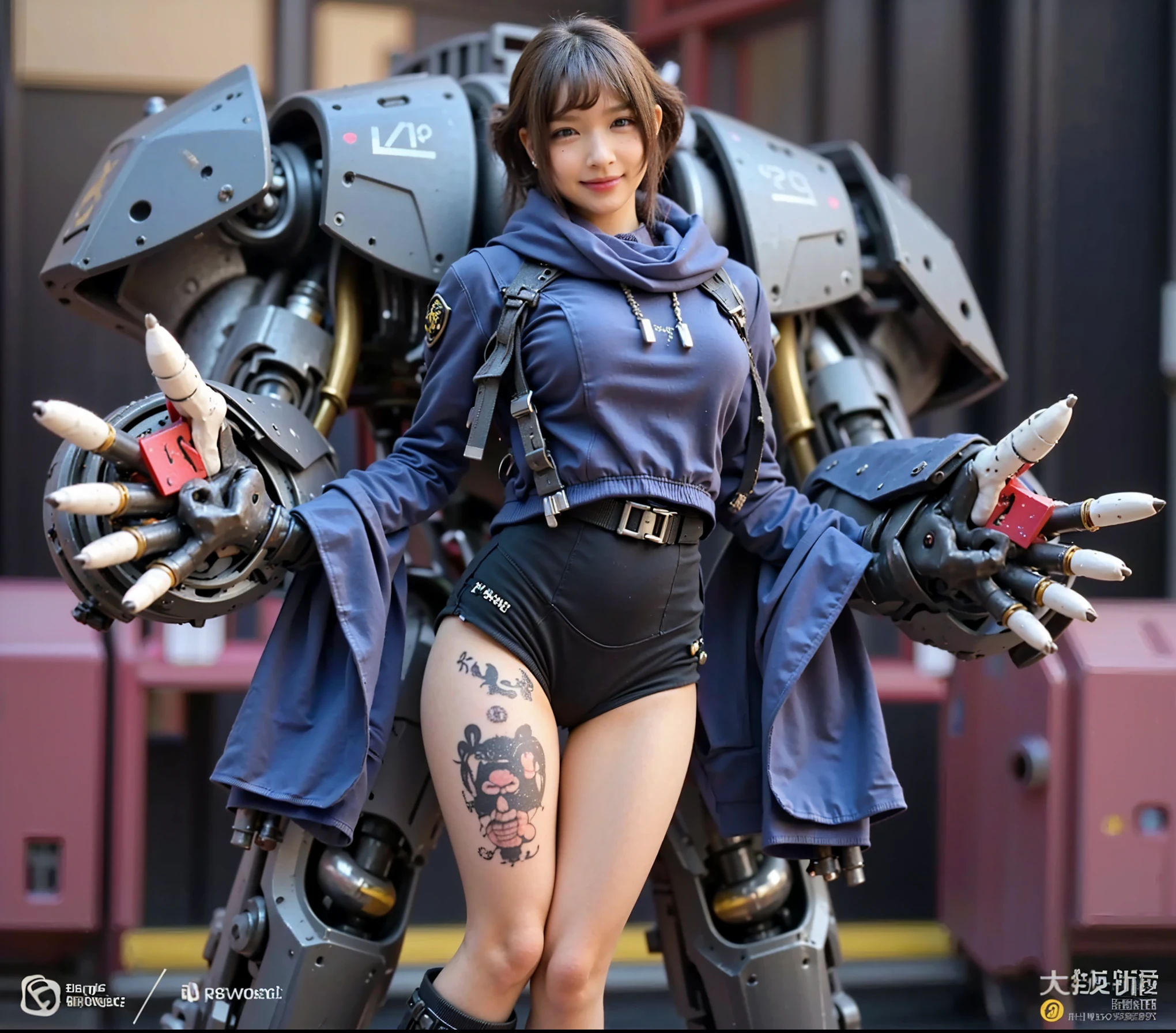 (Completely live action:1.37), (Amazingly realistic textures:1.37), (masterpiece, best quality:1.2), (8k uhd, 16k, 32k, ultra high res), amazingly realistic skin, amazingly realistic photo, superrealism, (photorealistic:1.37), (RAW photo), ultimately realistic, (ultimately realistic all details), (ultimately realistic all textures), super realistic lighting, super realistic shadow, (japanese girl:1.5), (realistic idol face), smiling, happy, super realistic face, ultimately realistic skin, ultimately realistic eyes, (mascara:1.35)ultimately realistic background, ultimately realistic detail up, (kkw-ph1:1.25), (Canon EOS R6, 85mm, 1/200s, f/5.6, ISO 1600), (tattoo), (mechanical armor:1.37), (blue eyes:1.2), (silver hair:1.3),