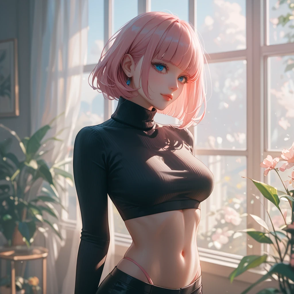 Woman with delicate face, well-toned and defined body like Maki from Jujutsu Kaisen and light pink Chanel hair.