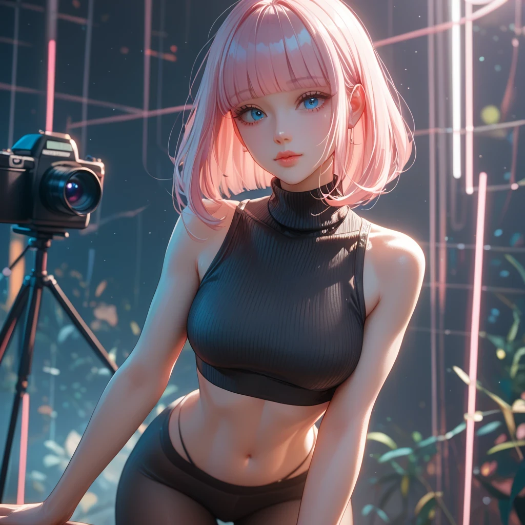 Highest quality, Ultra-high resolution, Realistic, , Cyberpunk one girl  pink hair、Taking photos in a studio environment with a gray background, View your viewers, Upper Body, thin, Visible cracks, Crop top,