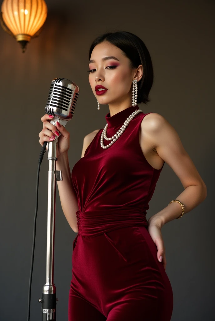 (medium full shot) of (glamorous pop singer) young woman, native american, caramel skin, brown eyes, slim build, medium brown low bun hair, wearing a silver satin blouse , mini skirt , designer heels, dramatic mascara, holding a microphone with rhinestones, fashionable hat, set in a modern interview set, with minimalist design, contemporary touches, stylish furniture, dynamic lighting, elegant decor, during sunset, woman smiling, ,Masterpiece,best quality, photo, realistic, very aesthetic, detailed face,