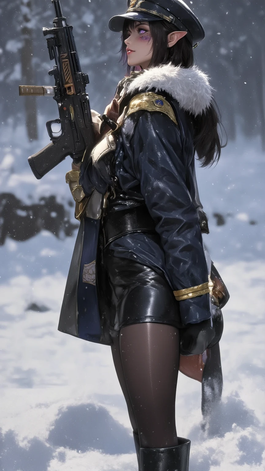 best quality,ultra-detailed,portrait,megan thee stallion mixed with remy ma holding rifle, big woman, 2501bs, strong thighs, woolly braided hair, very dark skin, beautiful detailed blue eyes, beautiful detailed lips, detailed long woolly braided hair, fighting stance, winter coat, cold icy atmosphere, blood in the snow, frosty landscape, dark winter night, snowy ground, distant mountains, snow-covered trees, steely expression, sharp focus on the rifle, metallic texture,crisp, high contrast, cool color tones,dramatic lighting