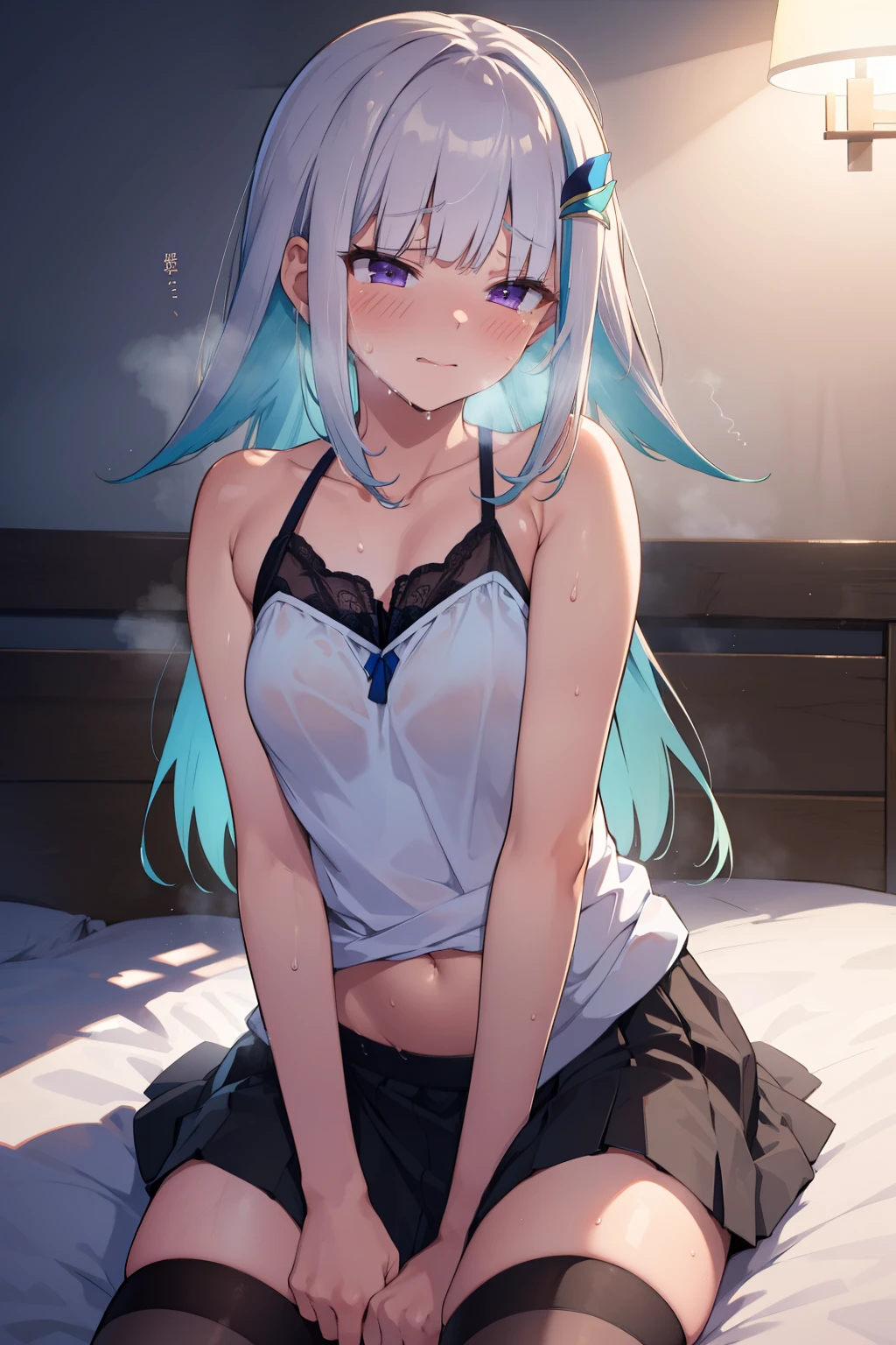high quality, 最high quality、 Stylish design, (((The cutest girl))), ((Thin legs))、(((最high quality))), High resolution, ((detailed)), ((masterpiece)), ((Super detailed)), 、(Inner color hairstyle),((bed)),((camisole、Bra inside、mini skirt、Underwear inside)),((Sexual))