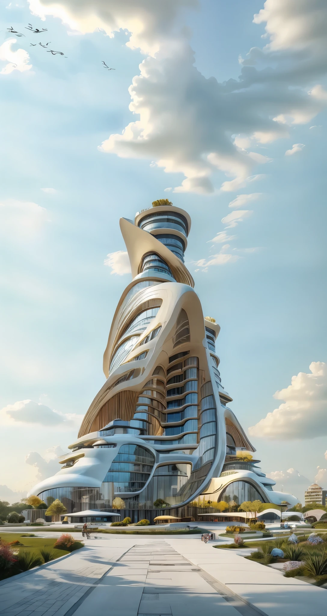 Single Building design , Architecture, roads, cars, Hotel design, day light , outstanding, building,. in City, concrete frames. by zaha hadid, and big architects, from side, blue sky, white cloud