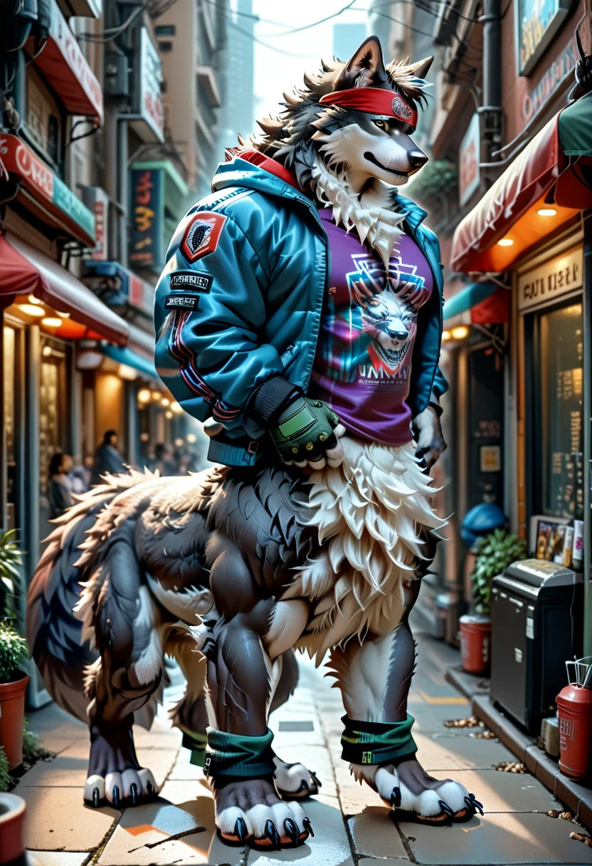 furry, grey fur, two-tone fur taur, wolftaur, solo, 1boy, Anthro male wolf, Realistic style, detailed face, wolf ears, wolf eyes, wolf nose(black), wolf mouth, detailed arms, thick arms, thick muscular, thick hands(5 fingers), detailed body belly, muscle belly, thick , waist, wear t-shirt, purple shirt, blue jacket, shades, jacket with sleeves down to elbows, green fingerless gloves, black legwarmers, , featureless , headband, detailed taur body, thick taur body, thick four wolf legs, thick four wolf paws, wolf claws, thick wolf tail, full body, from side, brown hair, arms, forearms, hands, thick thigh, thick calfs, thick feets, male focus, solo, cooliehigh, neon city, retrowave, vaporwave, 1980s, night-time, high resolution