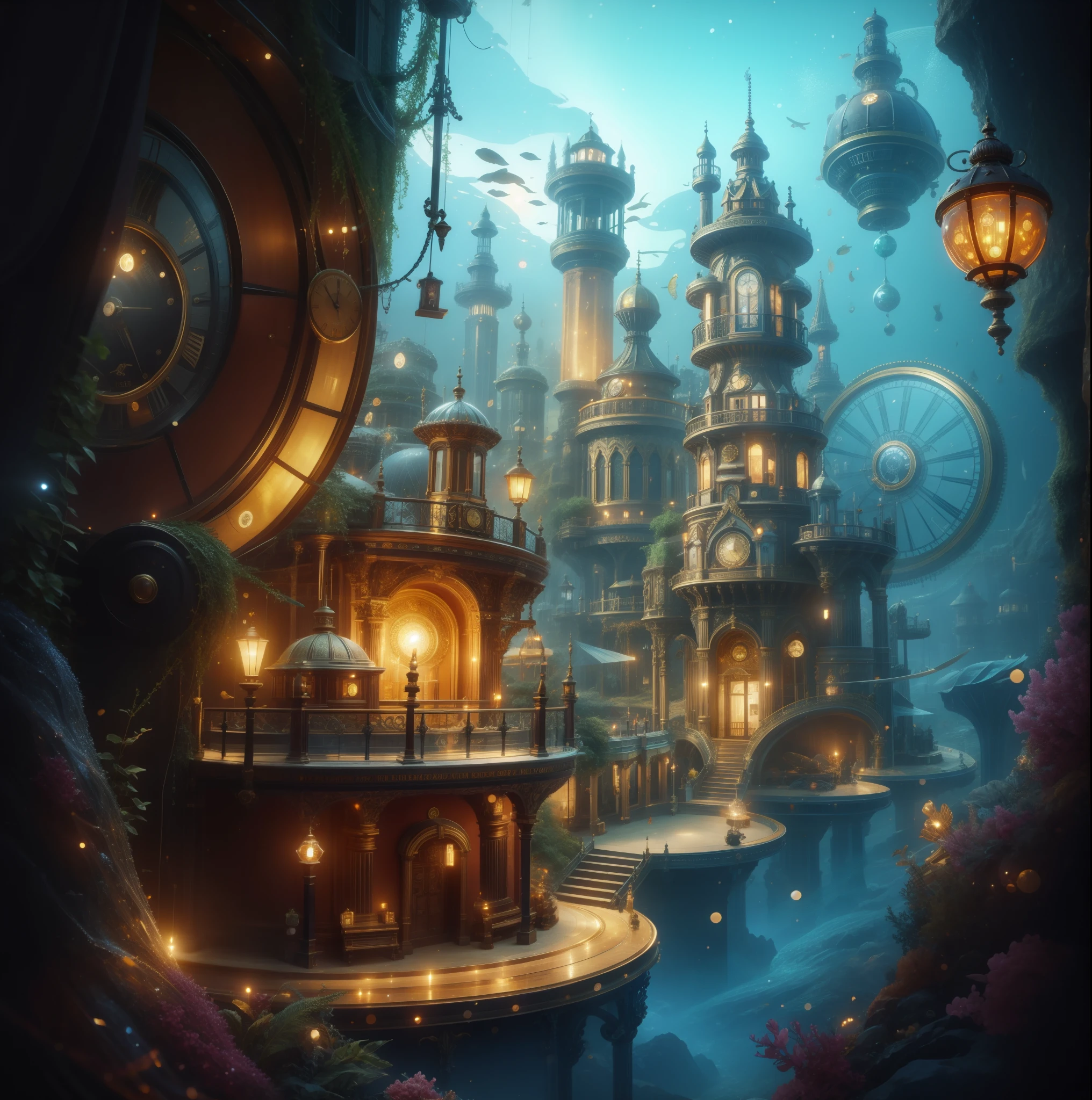 Fantastic, antique, crystal and steampunk city at the bottom of the sea