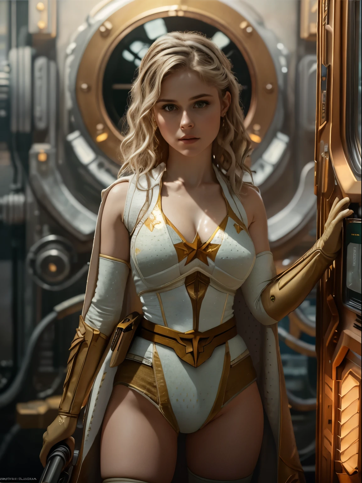 epic realistic, a woman looks angrily with glowing white eyes, cinematic, complex background, 4k textures, waist height, large breasts, skimpy, cleavage, ((bikini)), (pool background),