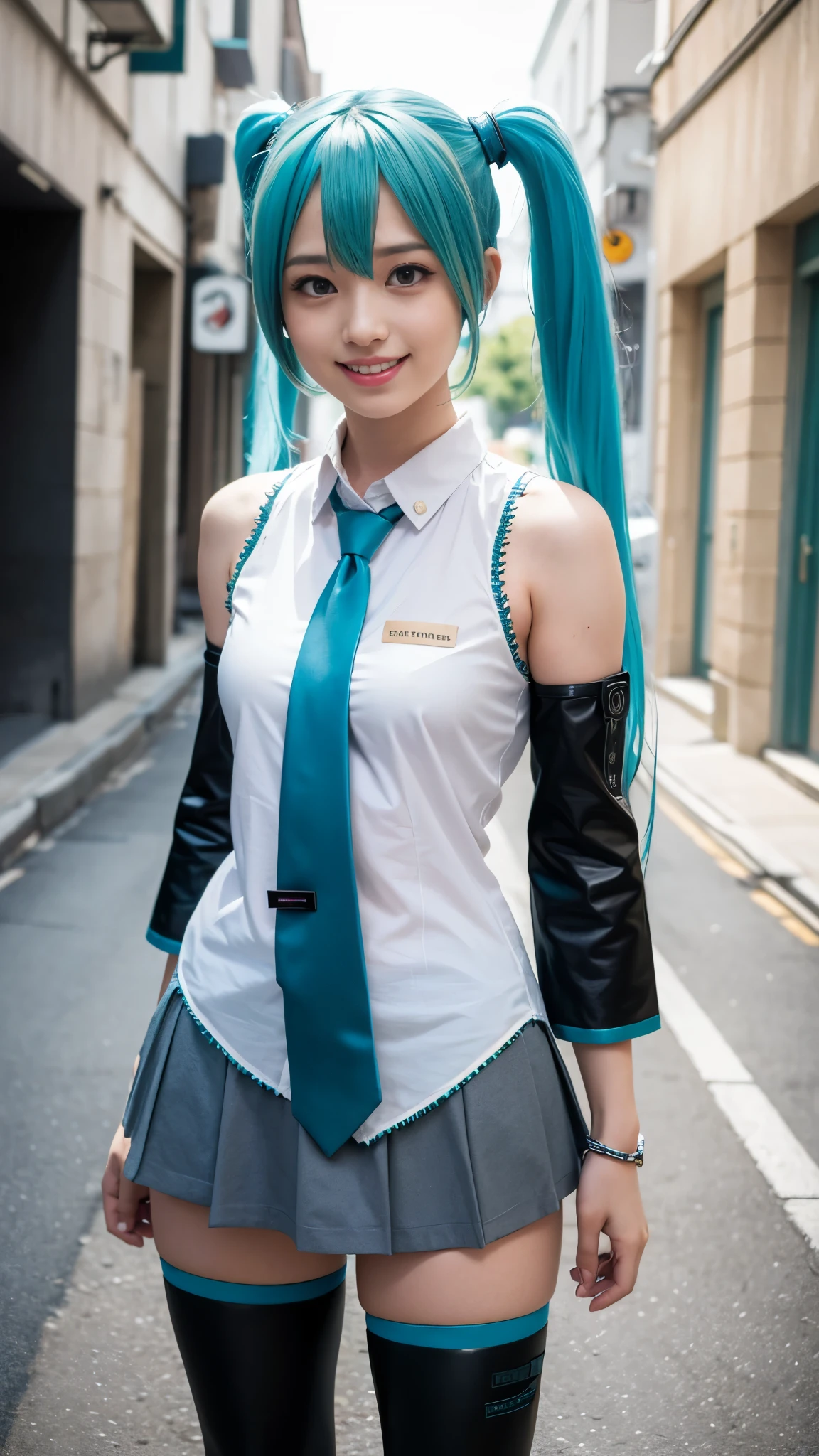 (Top Quality, Masterpiece, Ultra High Definition, Photorealistic), Raw Photo, 1girl, pretty, Japanese, smile, hatsune miku cosplay, sleeveless shirt, grey shirt, detached sleeves, necktie, arm tattoo, skirt, thighhighs, thigh boots, street,