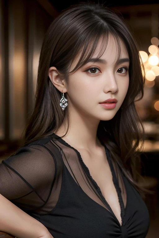 masterpiece, highest quality, Realistic, Very detailed, Finer details, High resolution, 8k wallpaper, One beautiful woman, Wear a black see-through shirt, In a great restaurant, At night, Light brown messy hair, Perfect dynamic composition, Beautiful and beautiful eyes、Big earrings