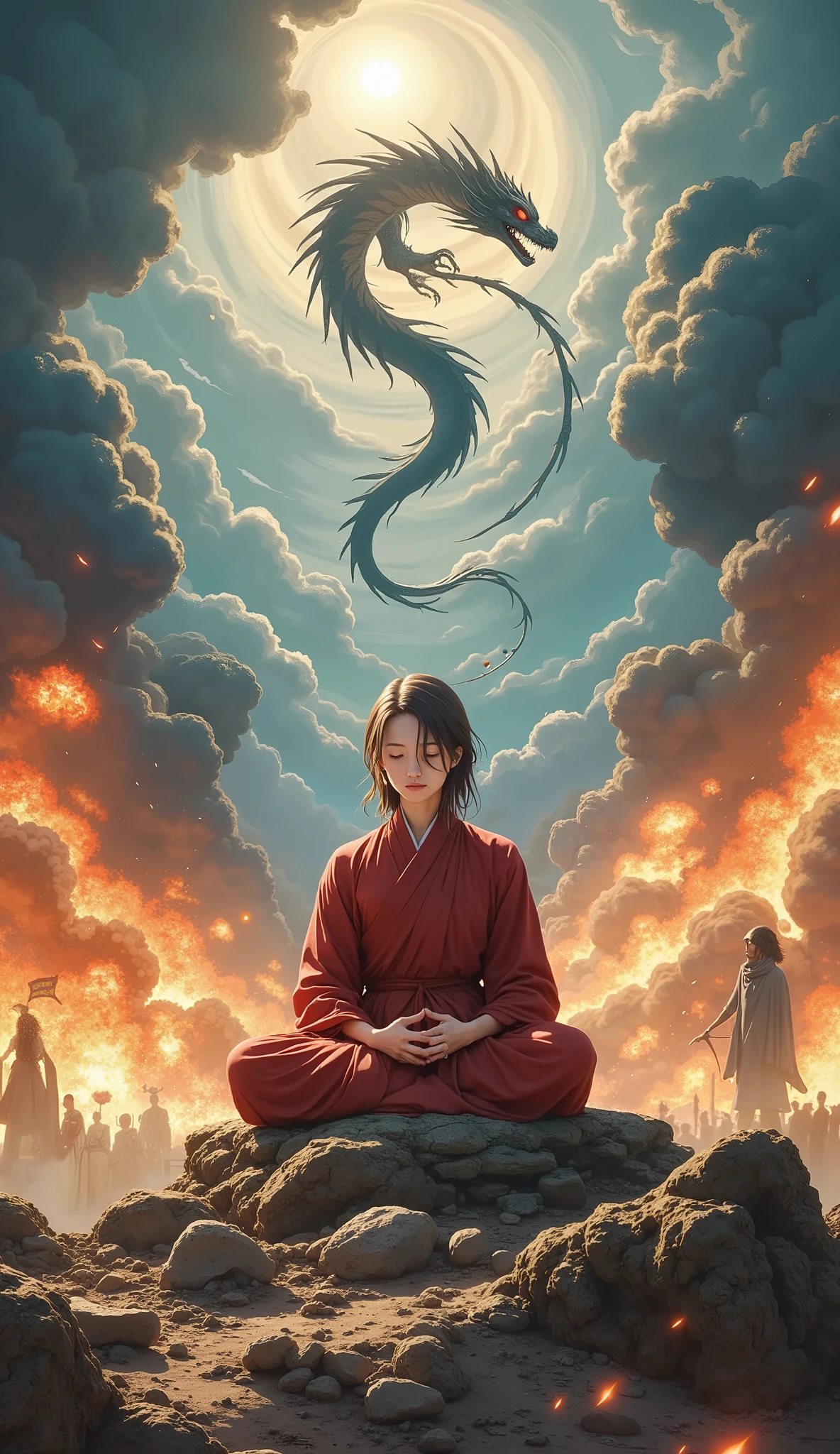 Abstract Painting, fantasy art , Yoshitaka Amano's painting style, ((Calm Madness)), ((A beautiful monk monk meditating in zazen meditation with his eyes closed on a battlefield where fierce battles are being fought)), explosion, Flaming, blast, Bombs are exploding , A giant dragon dances in the sky