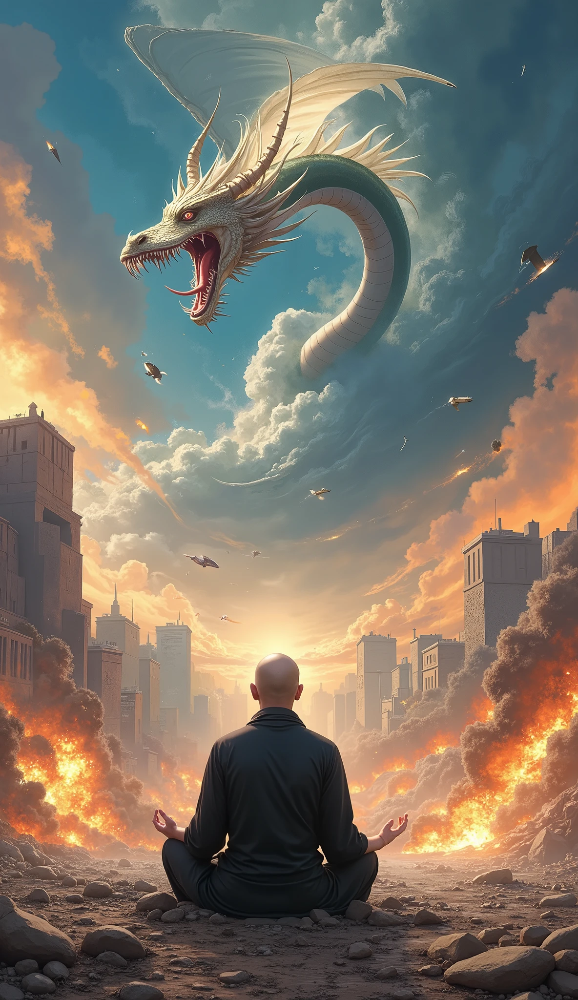 Abstract Painting,   fantasy art , Yoshitaka Amano&#39;s painting style, ((Calm Madness)), ((A beautiful monk monk meditating in zazen meditation with his eyes closed on a battlefield where fierce battles are being fought)), explosion, Flaming, blast, Bombs are exploding , A giant dragon dances in the sky