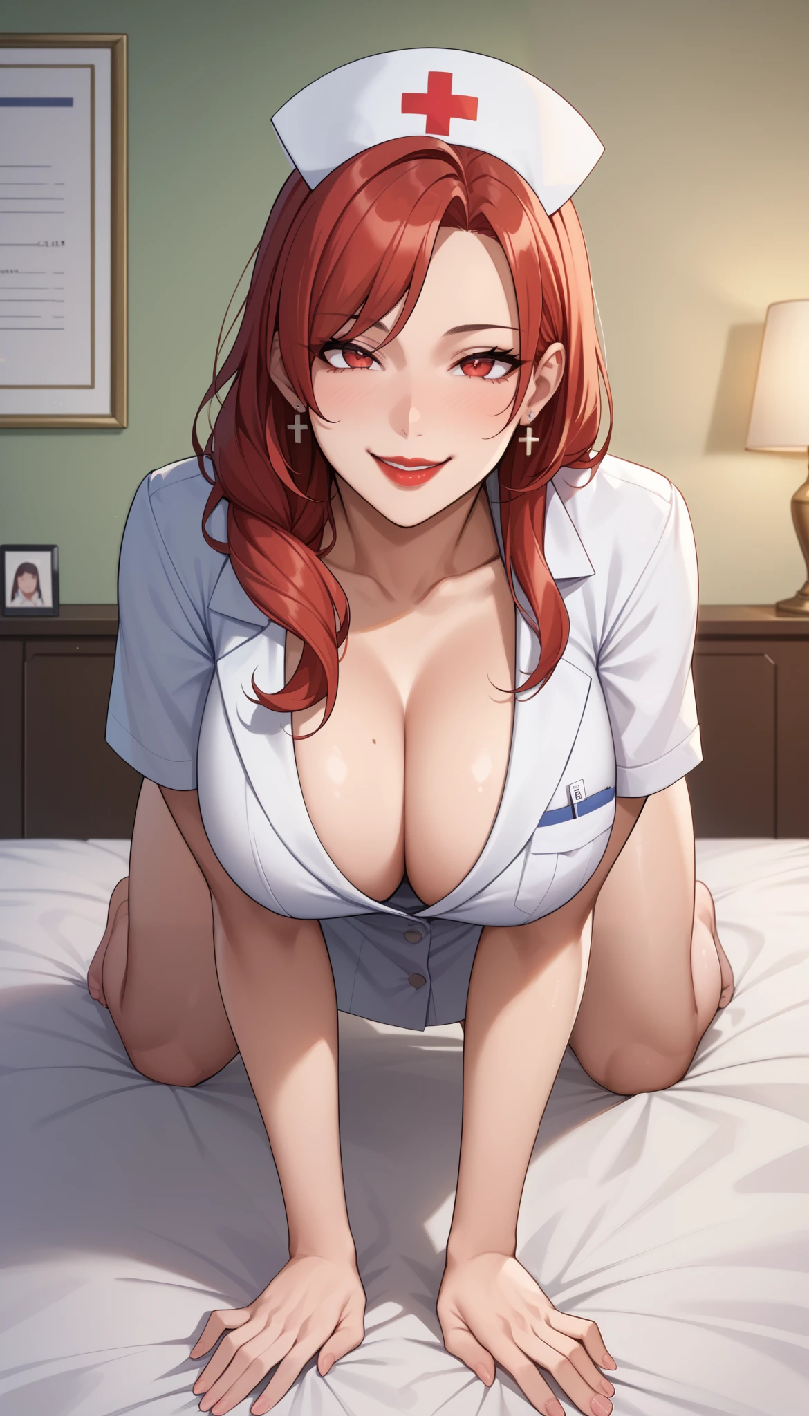 Maki nishikino,love live,highres,red hair , purple eyes,blush ,bare legs ,barefoot,bed ,cleavage ,collarbone ,doctor , licking lips,infirmary ,lab coat ,leaning forward , girl on top,pov,on bed ,pencil skirt , cowgirl position , sitting on top ,breath, blushing, sweating ,one breast out,sex,naked male