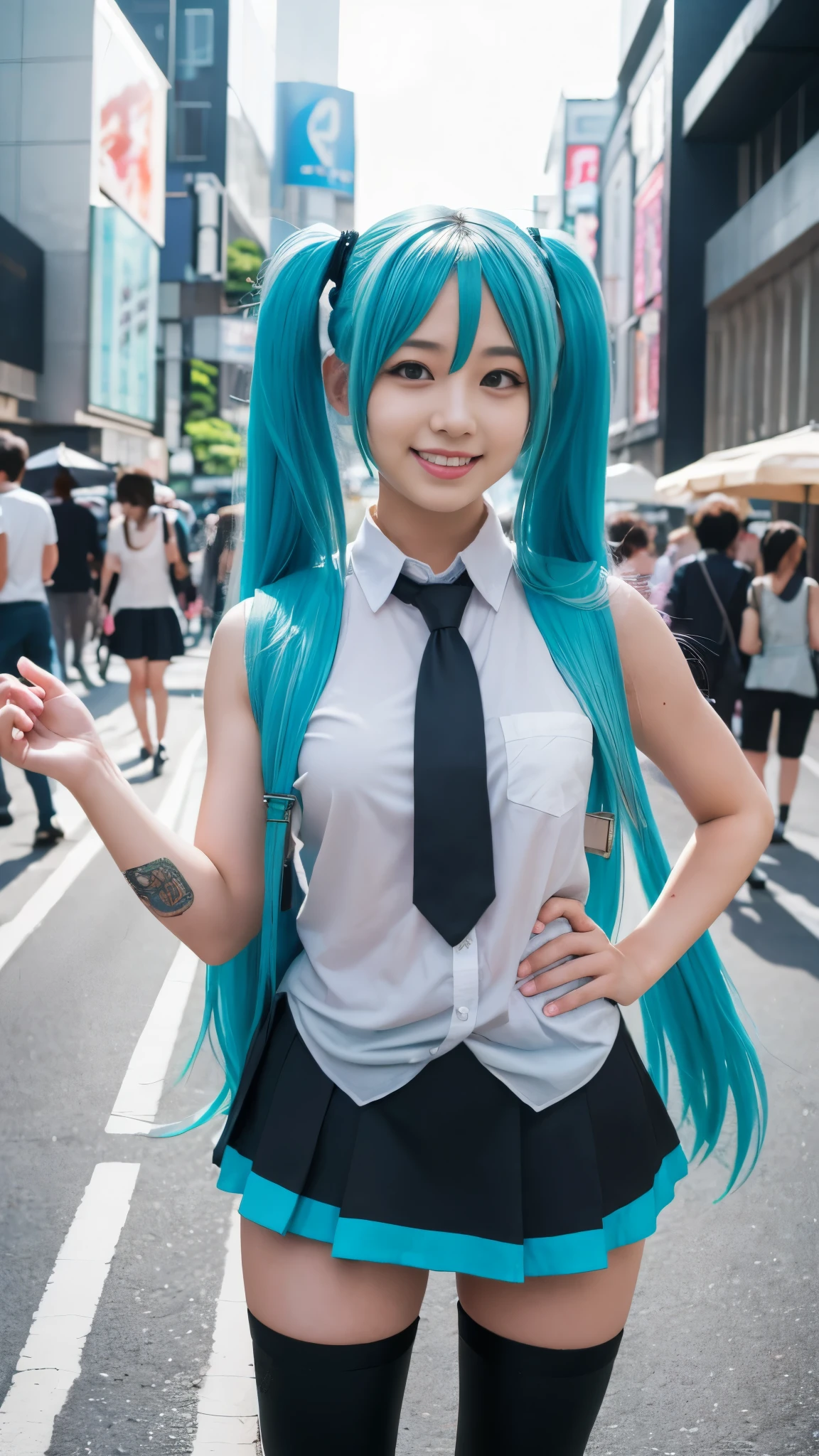 (Top Quality, Masterpiece, Ultra High Definition, Photorealistic), Raw Photo, 1girl, pretty, Japanese, smile, hatsune miku cosplay, rwin tail, sleeveless shirt, grey shirt, detached sleeves, necktie, arm tattoo, skirt, thighhighs, thigh boots, (Akiba, street, otaku, crowded:1.3)