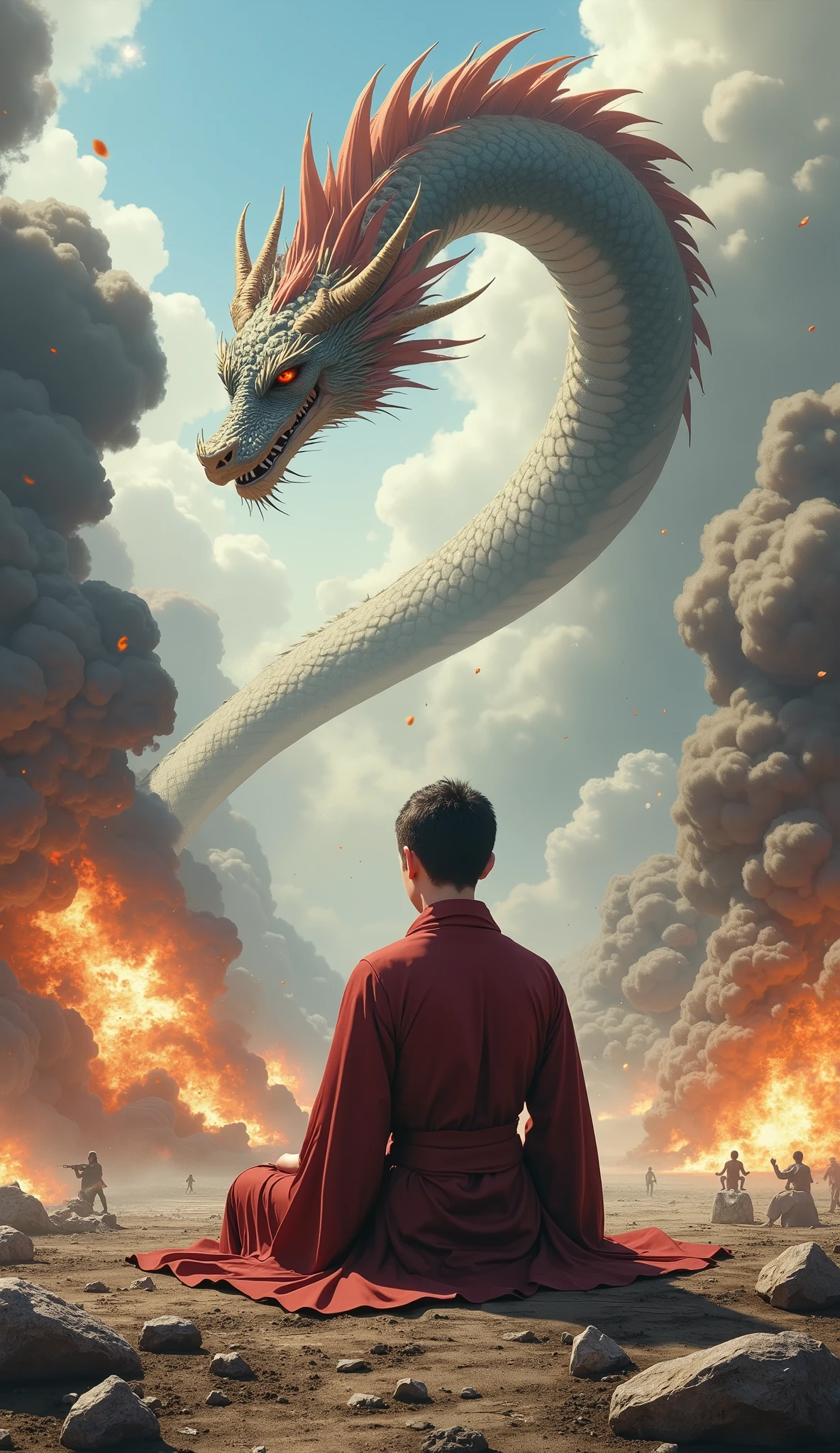 Abstract Painting, fantasy art , Yoshitaka Amano's painting style, ((Calm Madness)), ((A beautiful monk monk meditating in zazen meditation with his eyes closed on a battlefield where fierce battles are being fought)), explosion, Flaming, blast, Bombs are exploding , A giant dragon dances in the sky